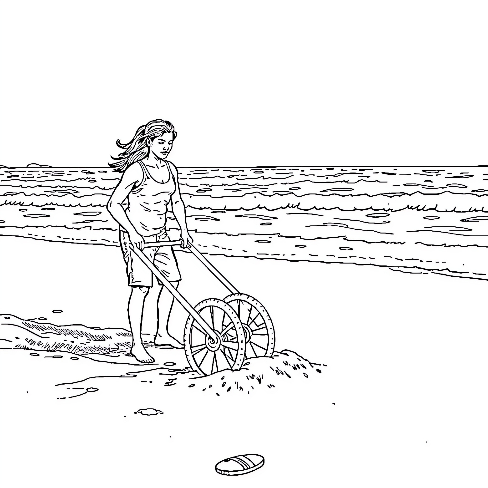 Man working on the beach with a tool Coloring Page (free black-and-white line drawing printable PDF for all, from beginners to advanced learners, including children, teens, adults, and seniors)