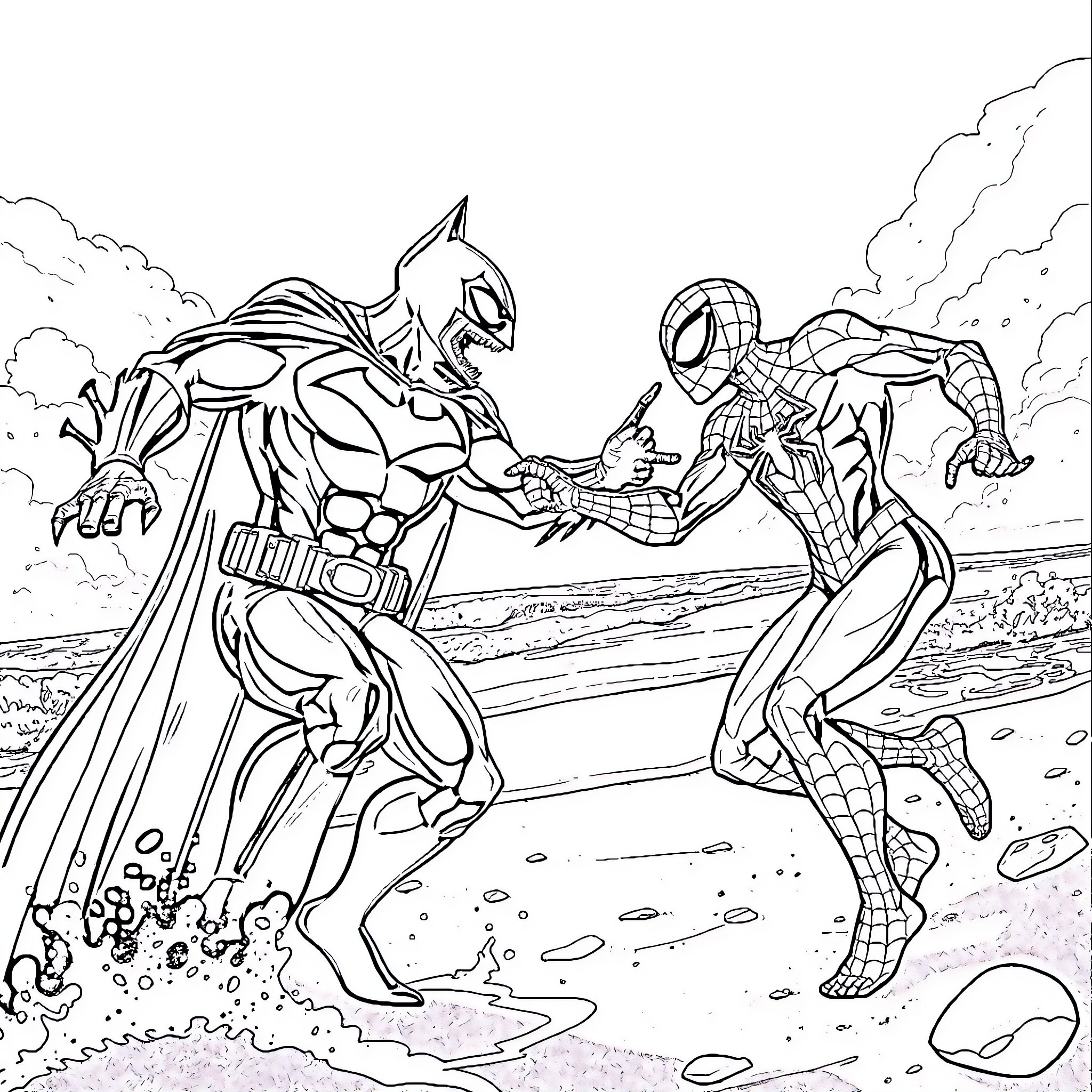 Batman and Spider-Man Engage in Heroic Confrontation Coloring Page (free black-and-white line drawing printable PDF for all, from beginners to advanced learners, including children, teens, adults, and seniors)