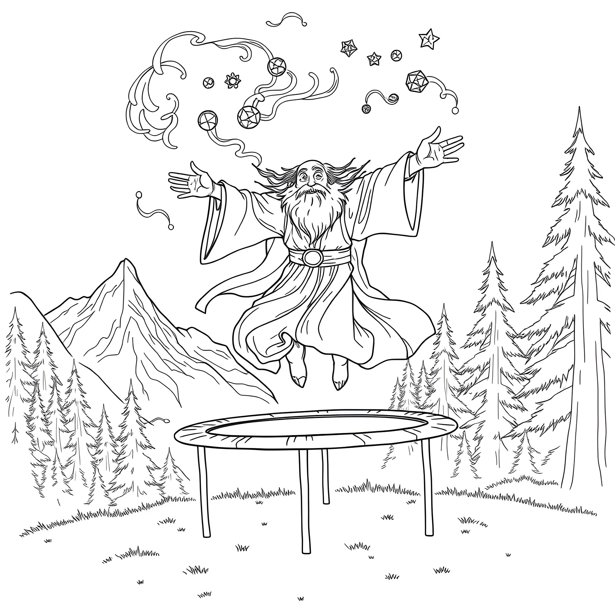 Gandalf the Wizard casting spells in the wilderness Coloring Page (free black-and-white line drawing printable PDF for all, from beginners to advanced learners, including children, teens, adults, and seniors)