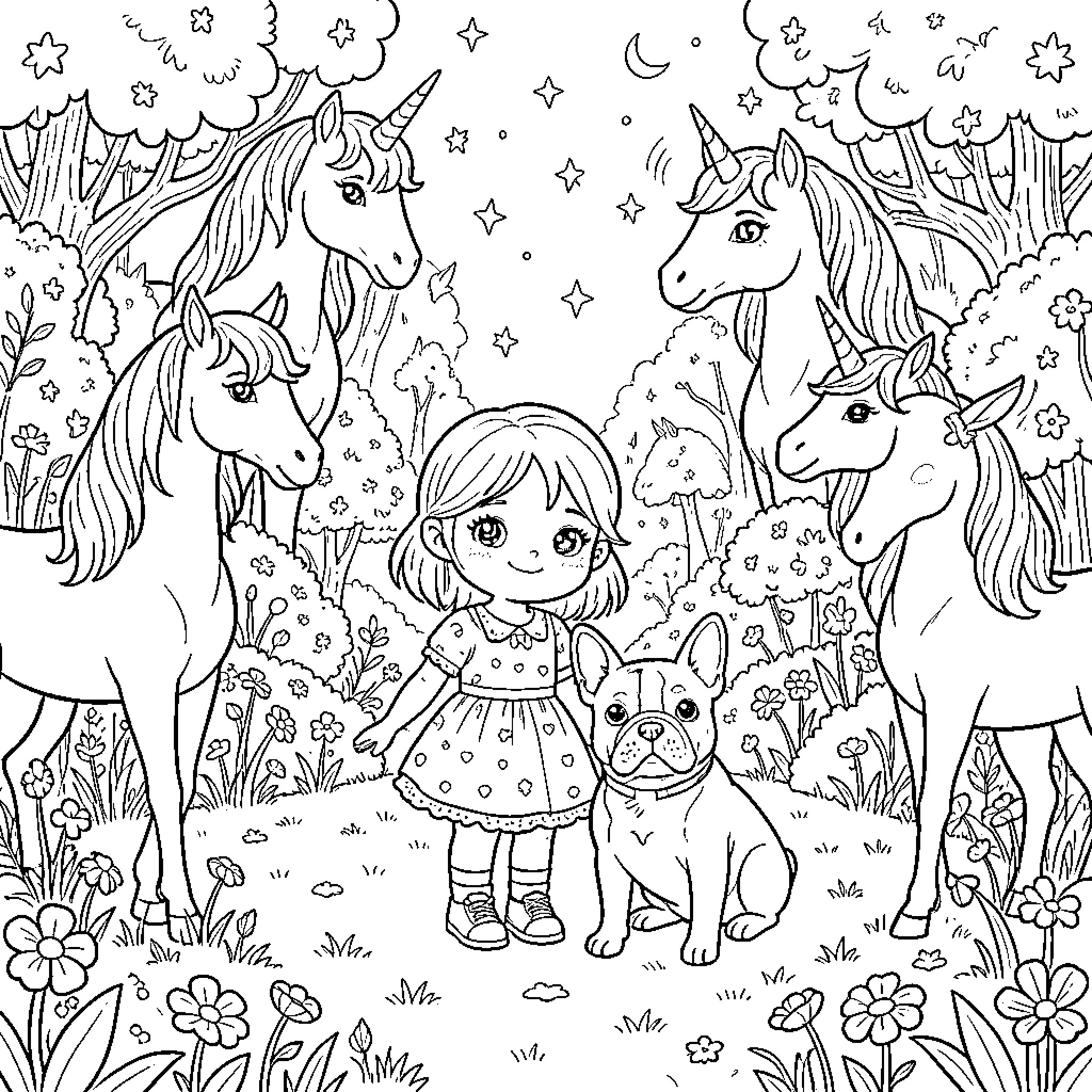 Fille standing with a dog and unicorns Coloring Page (free black-and-white line drawing printable PDF for all, from beginners to advanced learners, including children, teens, adults, and seniors)
