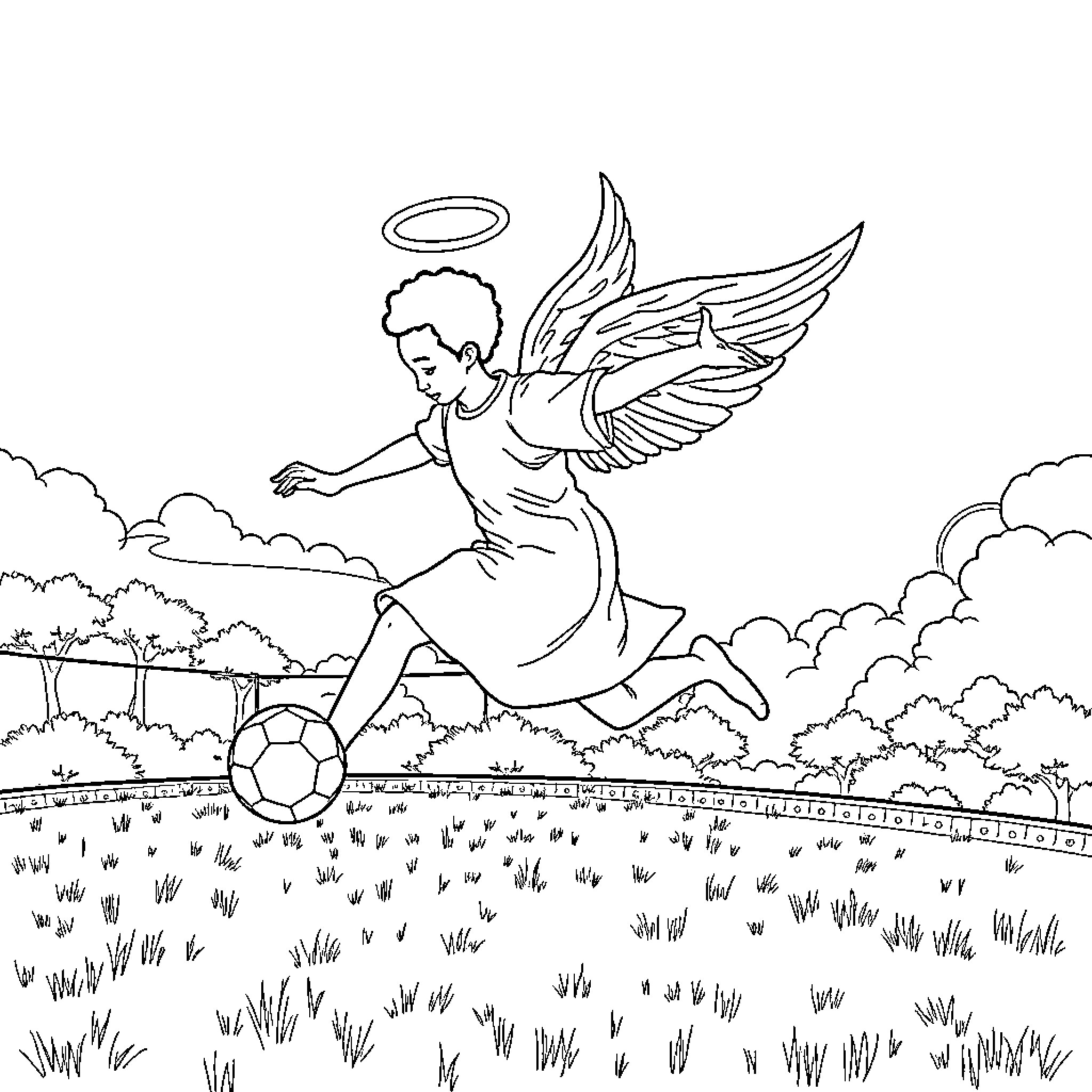 Angel playing with a soccer ball in a field Coloring Page (free black-and-white line drawing printable PDF for all, from beginners to advanced learners, including children, teens, adults, and seniors)