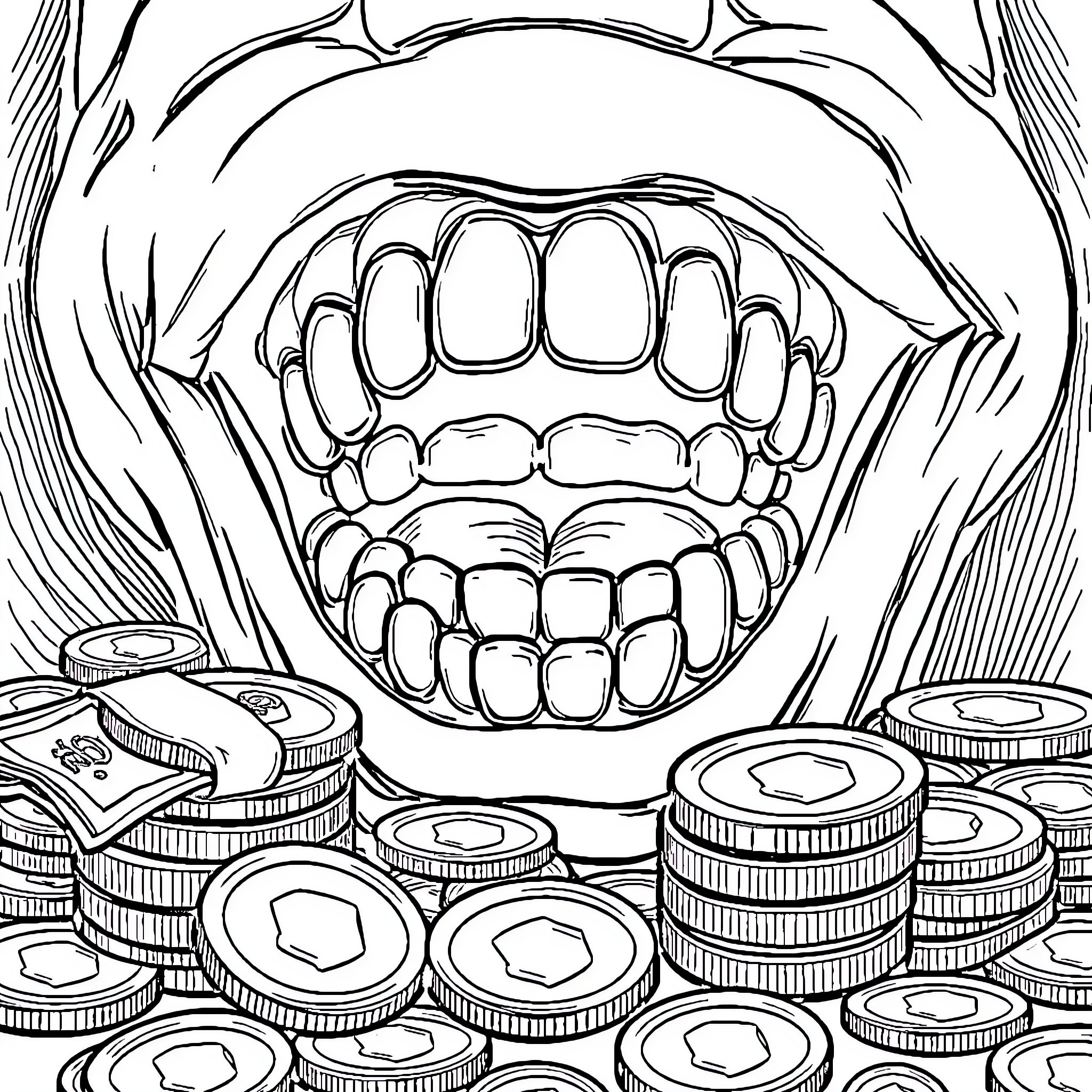 Tooth-themed image with open mouth and coins Coloring Page (free black-and-white line drawing printable PDF for all, from beginners to advanced learners, including children, teens, adults, and seniors)