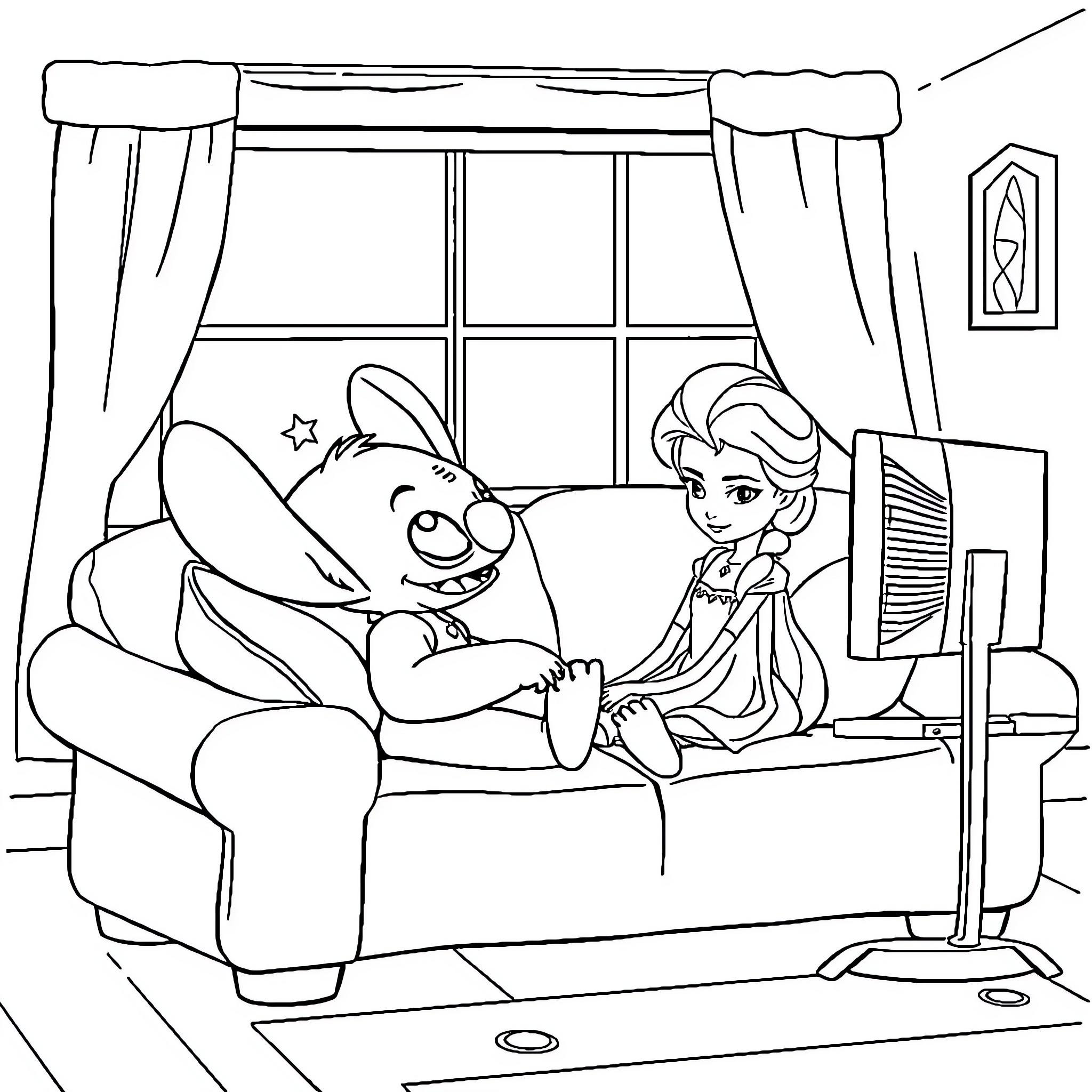 Stitch lounging with girl on couch Coloring Page (free black-and-white line drawing printable PDF for all, from beginners to advanced learners, including children, teens, adults, and seniors)