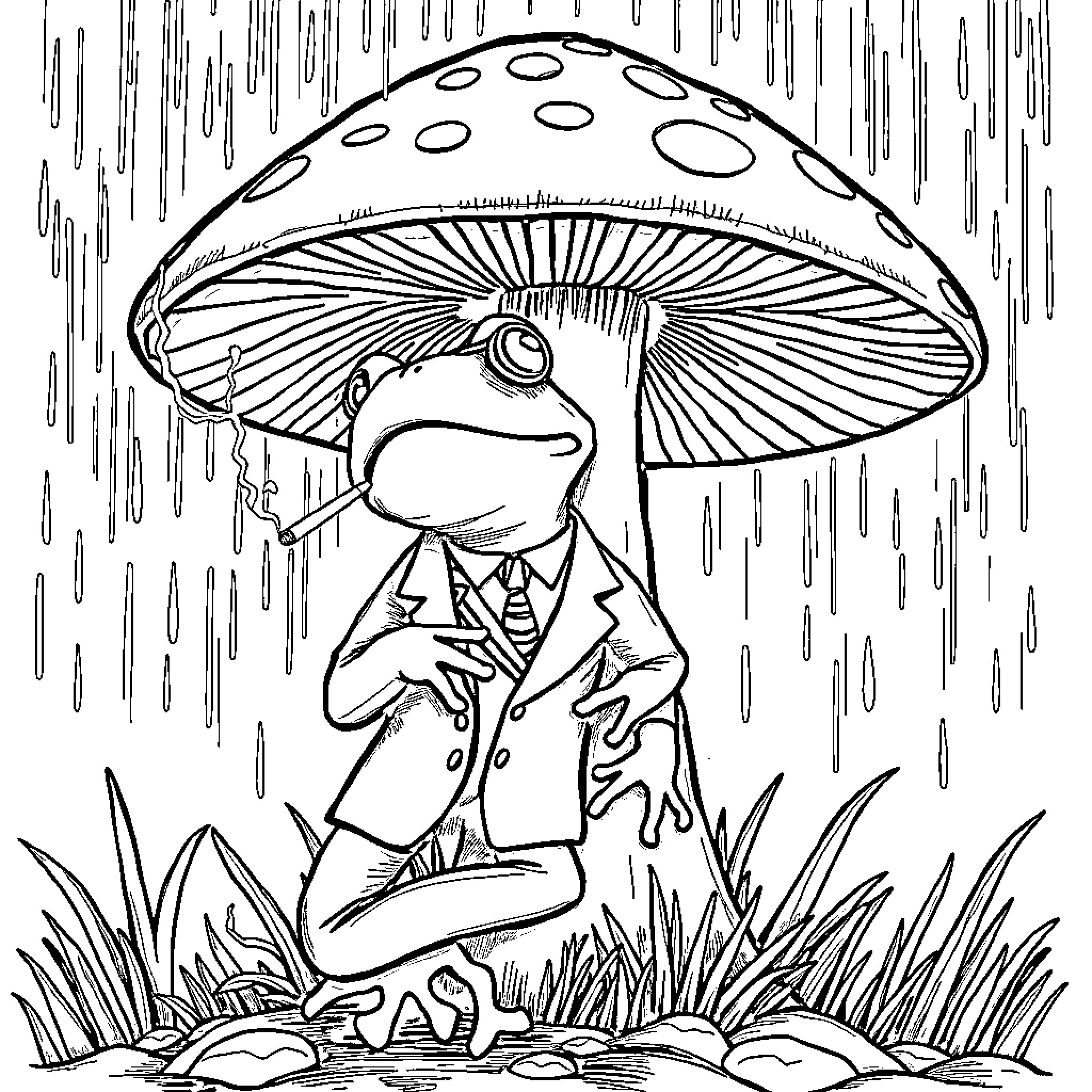 Frog sitting under a large mushroom in the rain Coloring Page (free black-and-white line drawing printable PDF for all, from beginners to advanced learners, including children, teens, adults, and seniors)
