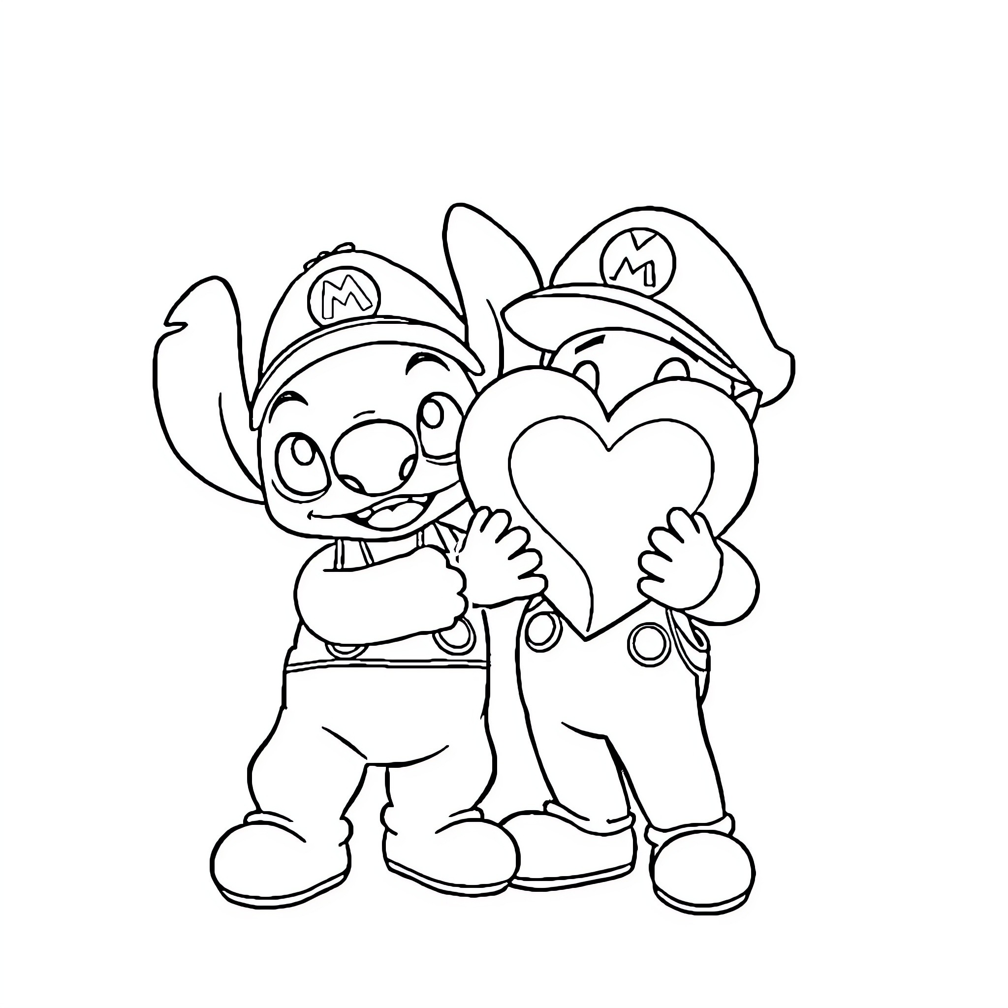 Stitch and Mario Hugging in Uniform Coloring Page (free black-and-white line drawing printable PDF for all, from beginners to advanced learners, including children, teens, adults, and seniors)