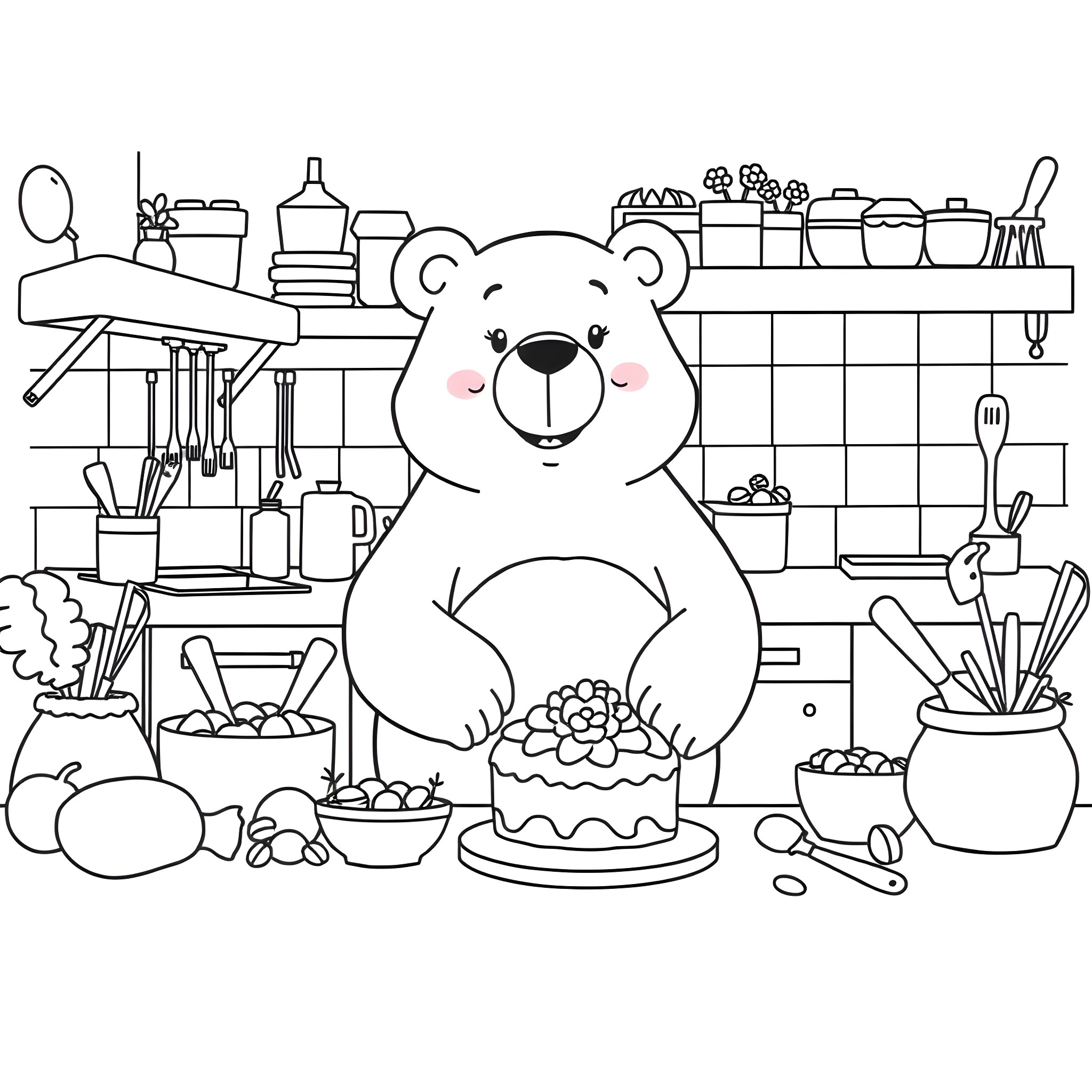Bear playing with baked goods in a kitchen Coloring Page (free black-and-white line drawing printable PDF for all, from beginners to advanced learners, including children, teens, adults, and seniors)