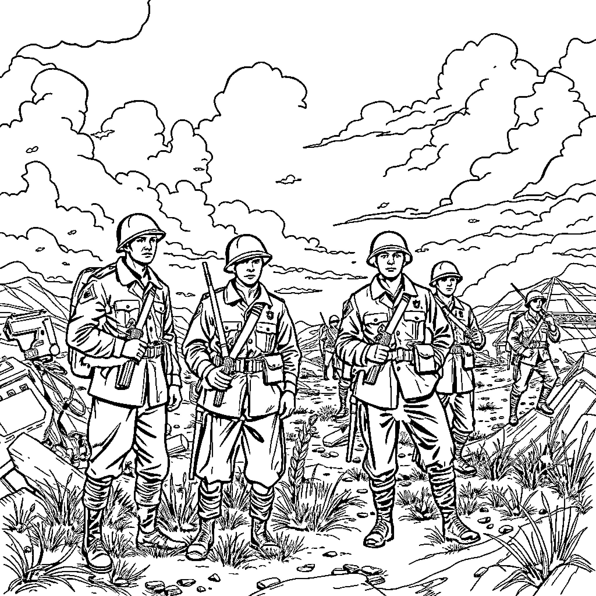 Soldier Squad Advancing Through Rugged Terrain Coloring Page (free black-and-white line drawing printable PDF for all, from beginners to advanced learners, including children, teens, adults, and seniors)