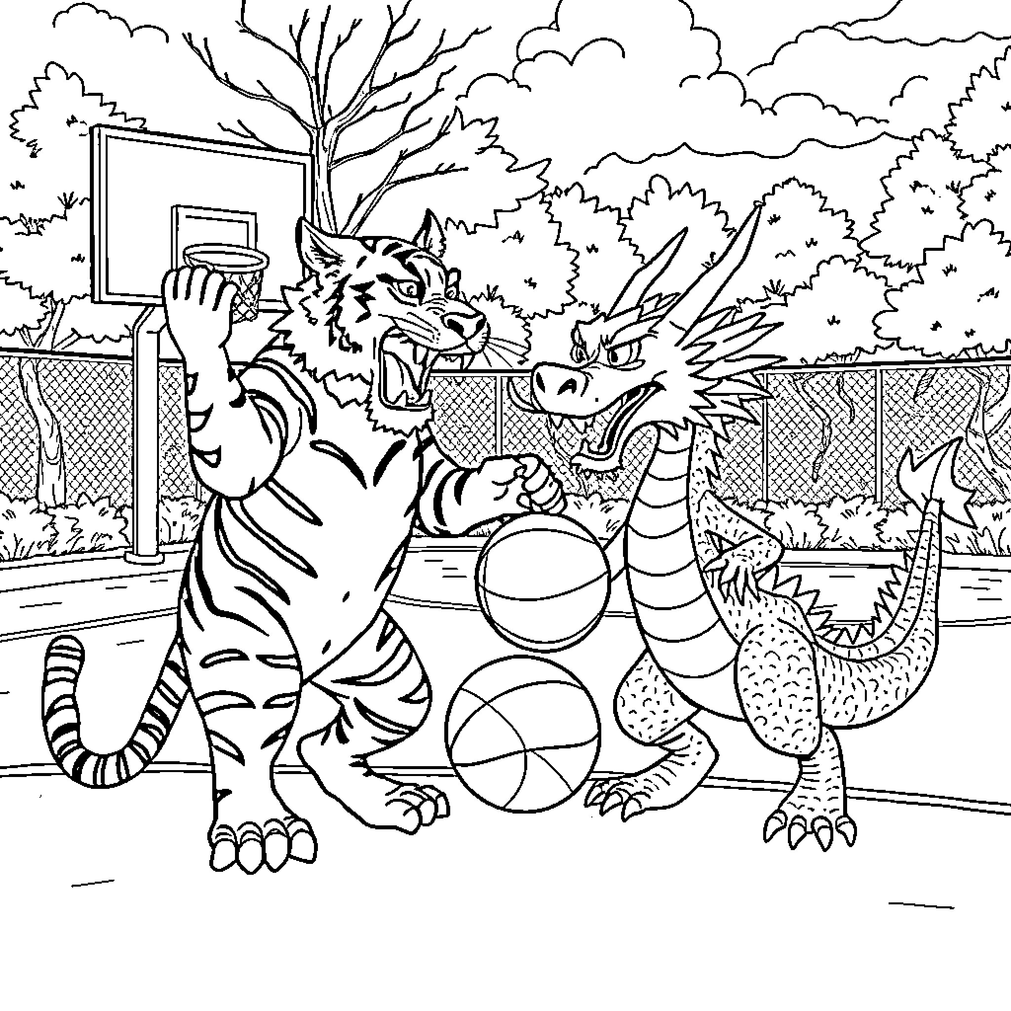 Tiger playing basketball with mythical dragon Coloring Page (free black-and-white line drawing printable PDF for all, from beginners to advanced learners, including children, teens, adults, and seniors)