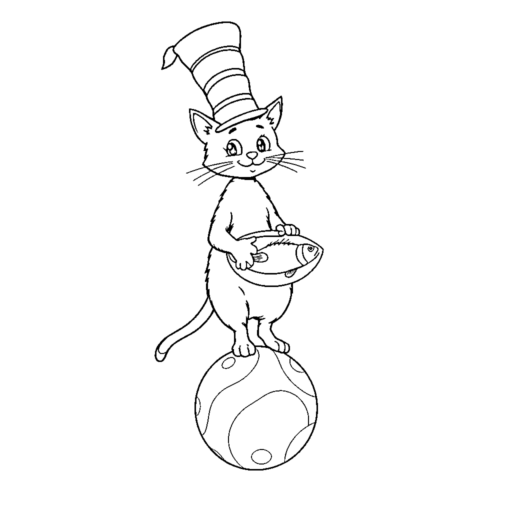 Cat in the Hat balancing on a ball Coloring Page (free black-and-white line drawing printable PDF for all, from beginners to advanced learners, including children, teens, adults, and seniors)