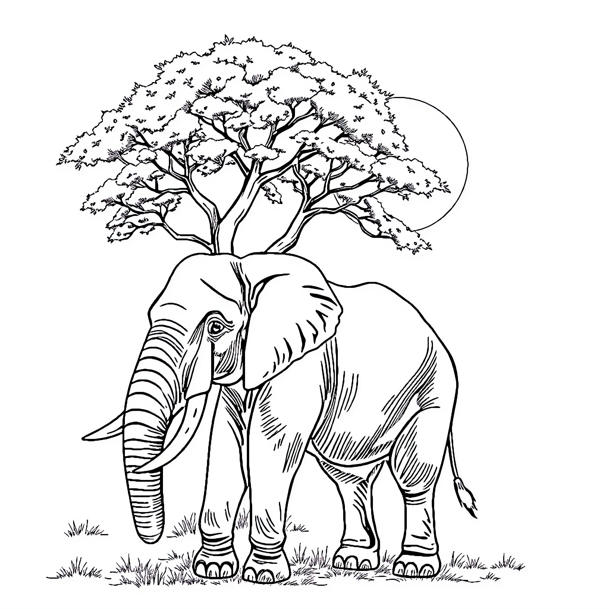 Elephant standing under a large tree Coloring Page (free black-and-white line drawing printable PDF for all, from beginners to advanced learners, including children, teens, adults, and seniors)