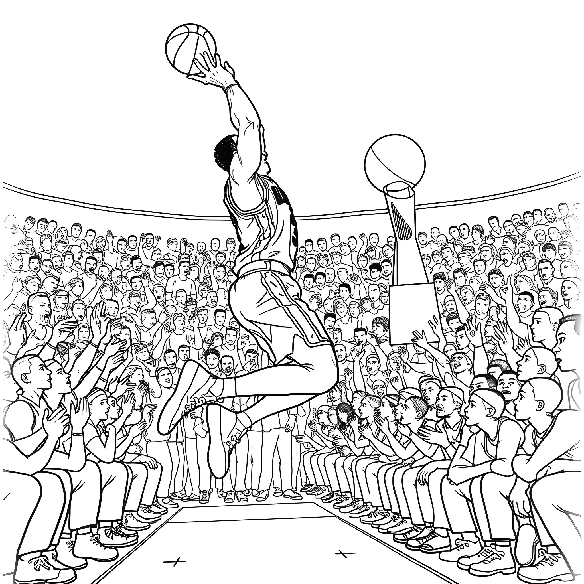 Tyrese Halliburton in mid-air basketball game with crowd Coloring Page (free black-and-white line drawing printable PDF for all, from beginners to advanced learners, including children, teens, adults, and seniors)