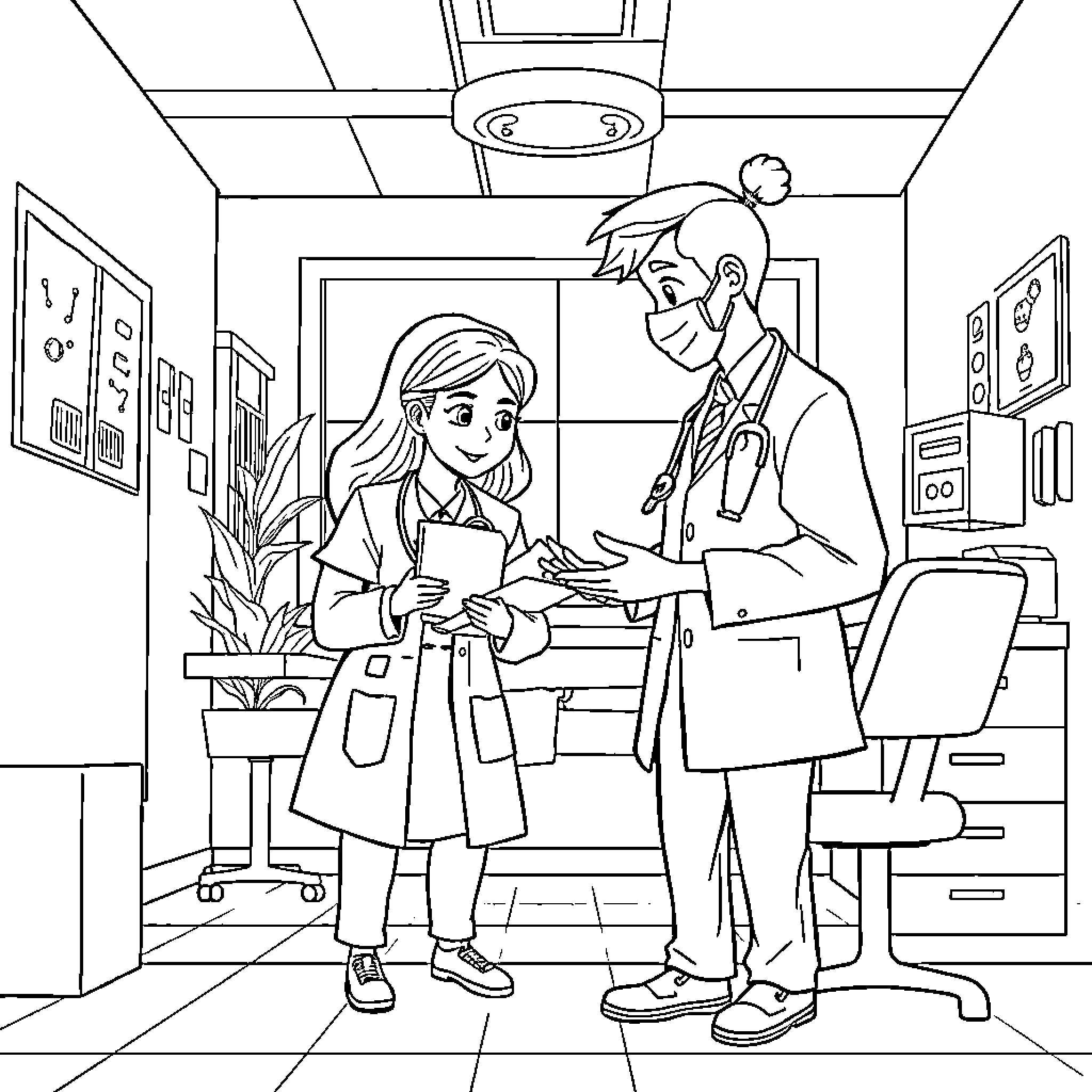 Doctor Discussing Medical Treatment with Patient Coloring Page (free black-and-white line drawing printable PDF for all, from beginners to advanced learners, including children, teens, adults, and seniors)