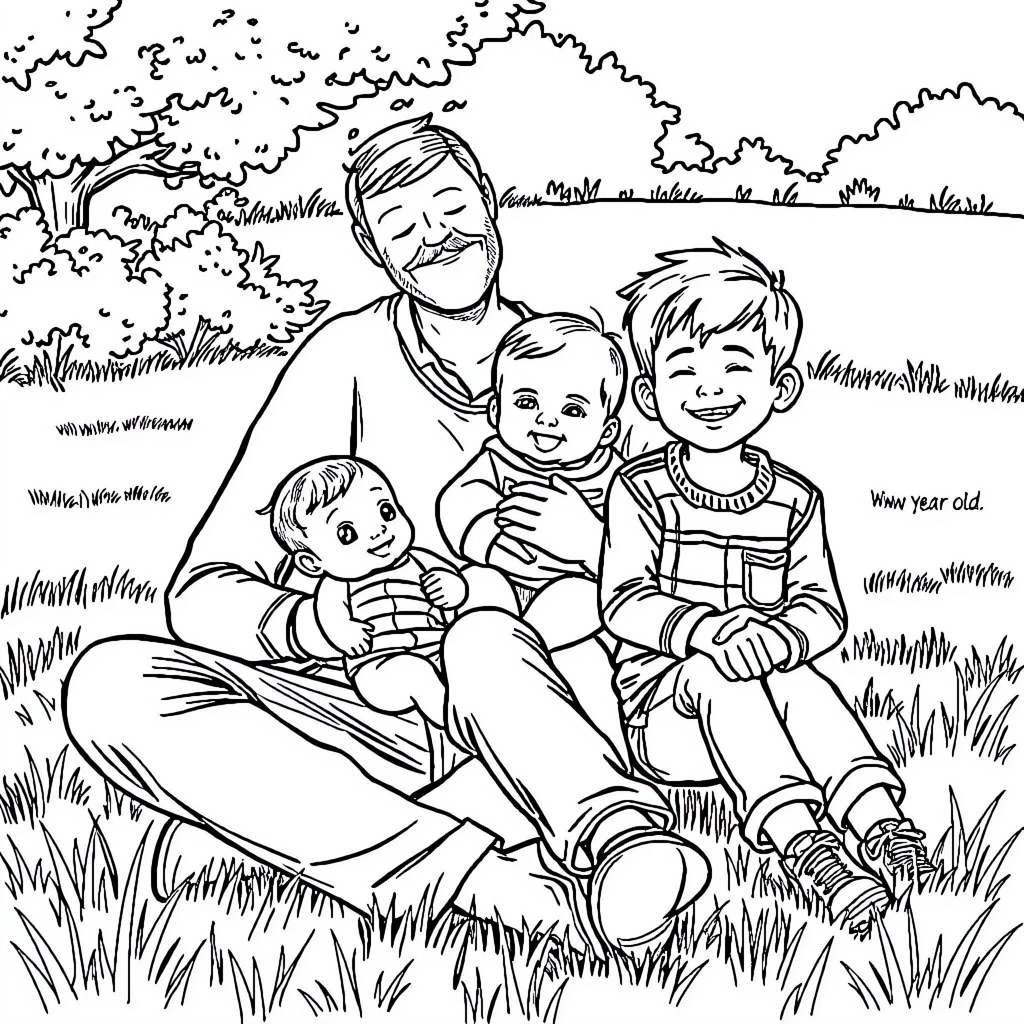 Dad Spends Quality Time with Kids in Nature Coloring Page (free black-and-white line drawing printable PDF for all, from beginners to advanced learners, including children, teens, adults, and seniors)
