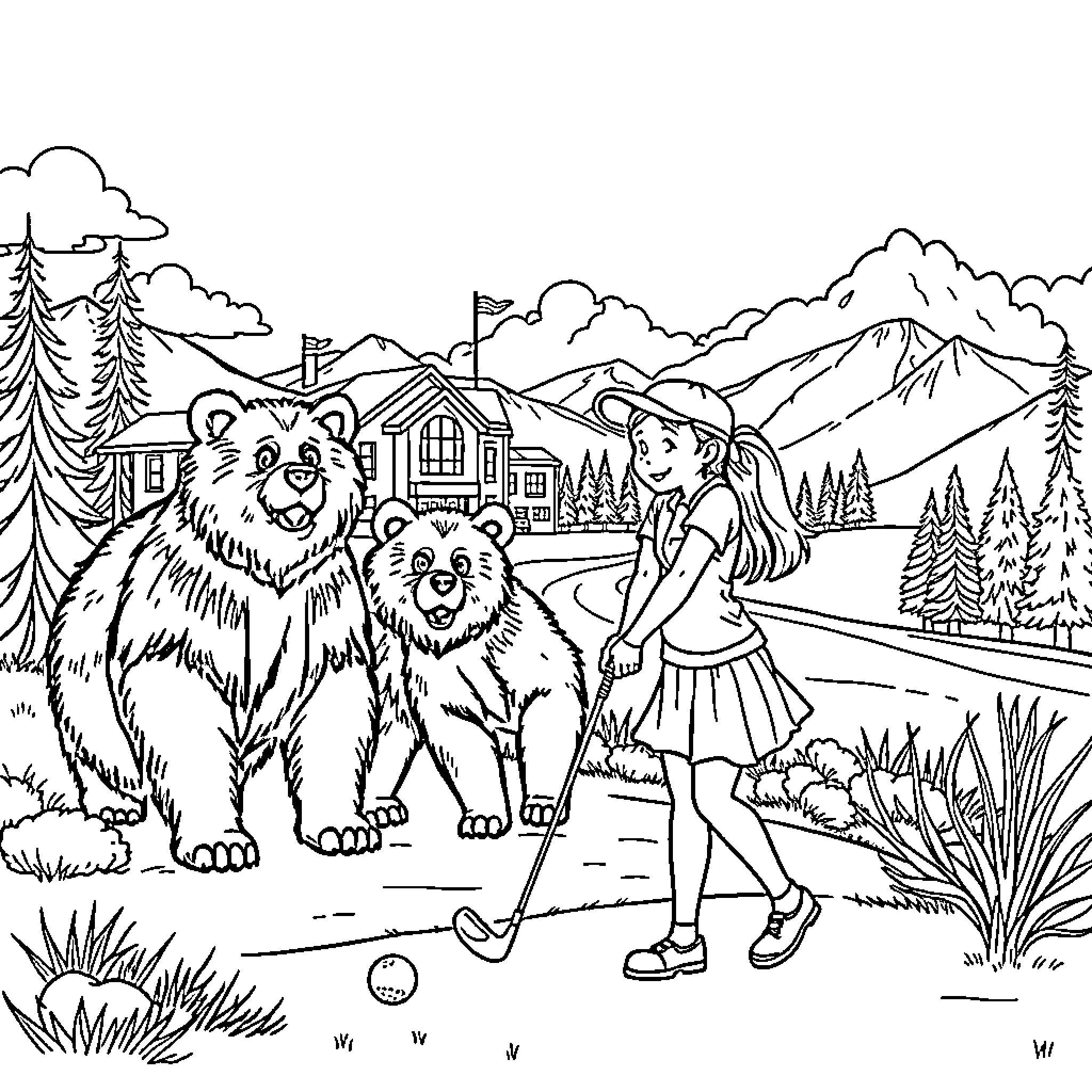Girl playing with bears in mountain village Coloring Page (free black-and-white line drawing printable PDF for all, from beginners to advanced learners, including children, teens, adults, and seniors)