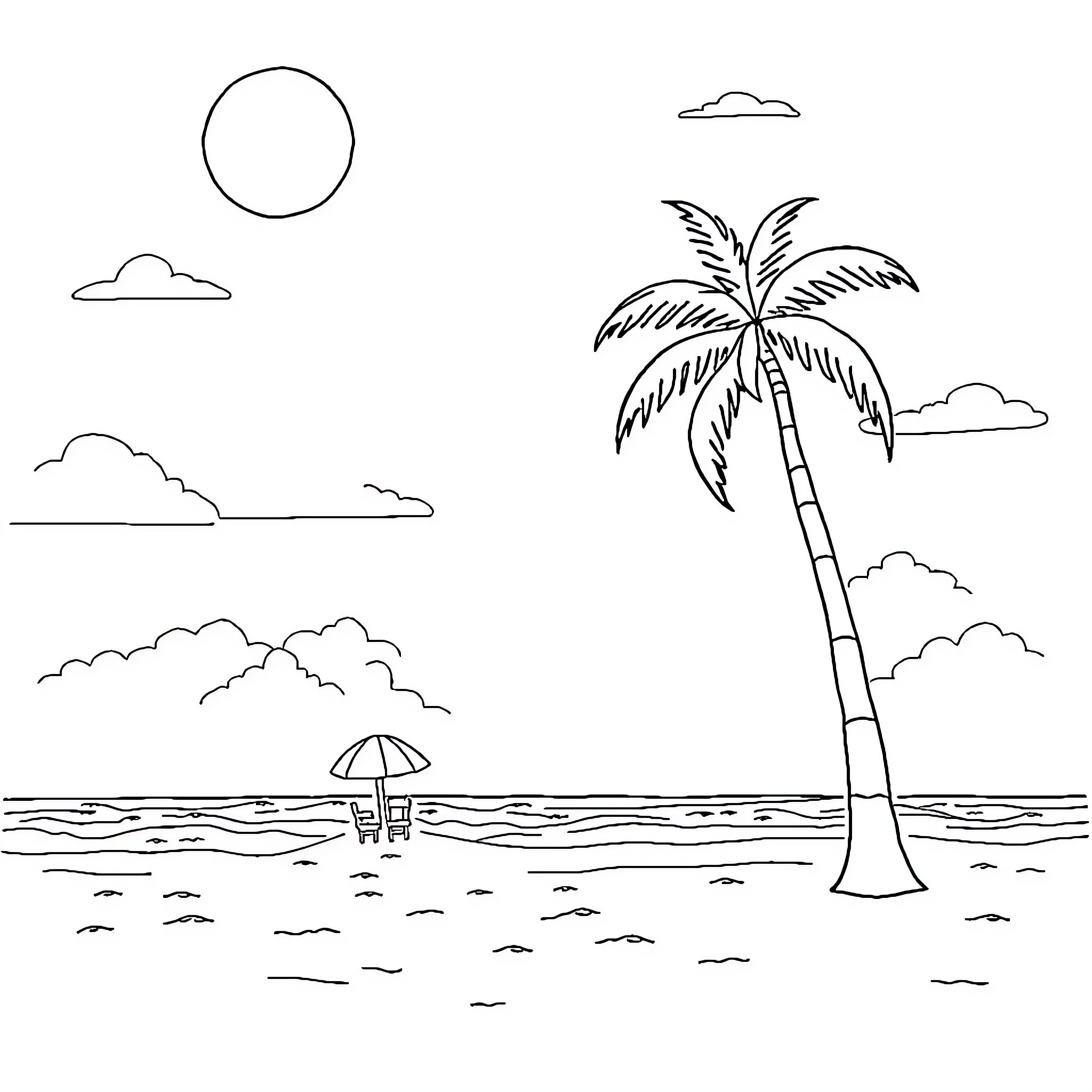 Vacation on a tropical beach Coloring Page (free black-and-white line drawing printable PDF for all, from beginners to advanced learners, including children, teens, adults, and seniors)