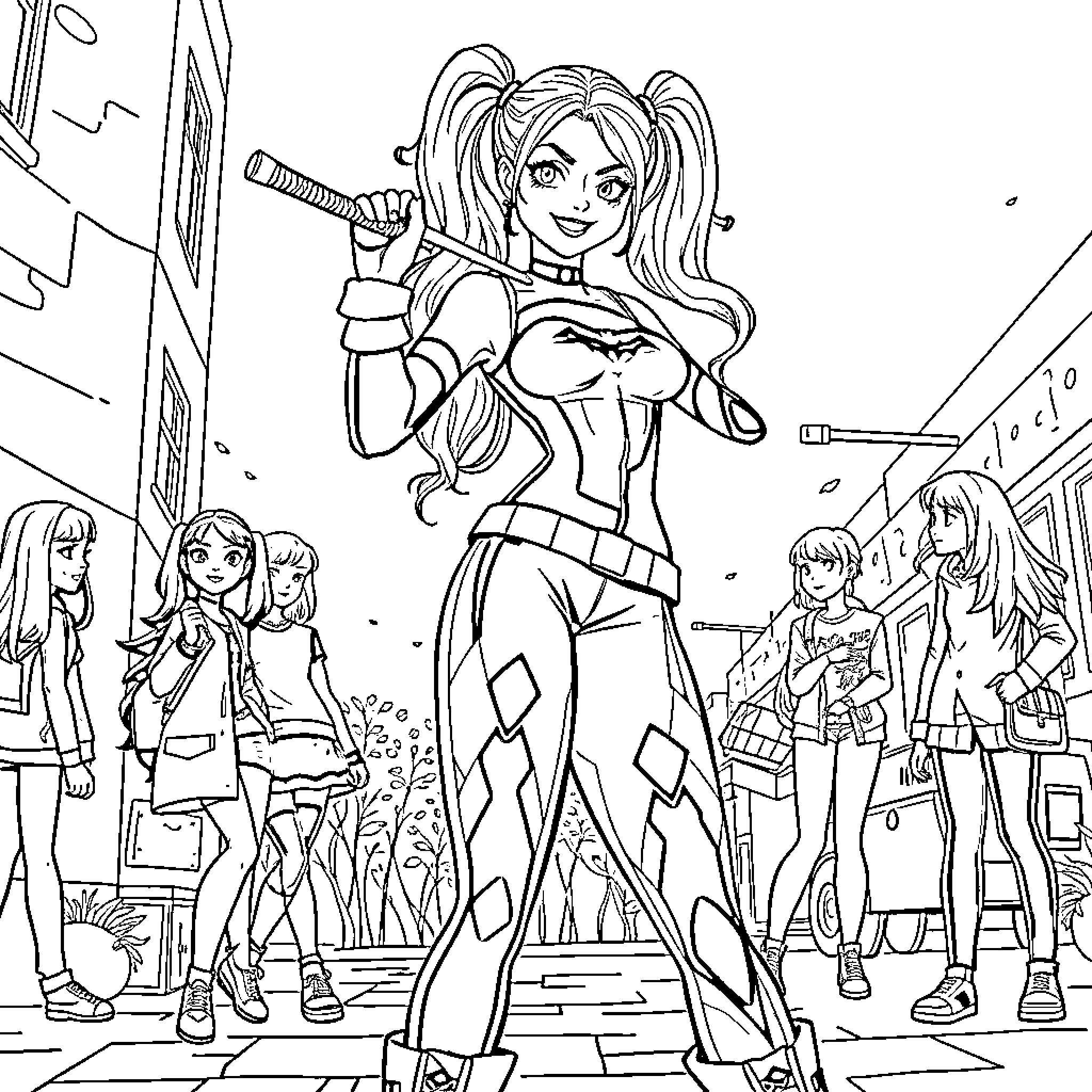 Harley Quinn posing confidently in an urban setting Coloring Page (free black-and-white line drawing printable PDF for all, from beginners to advanced learners, including children, teens, adults, and seniors)