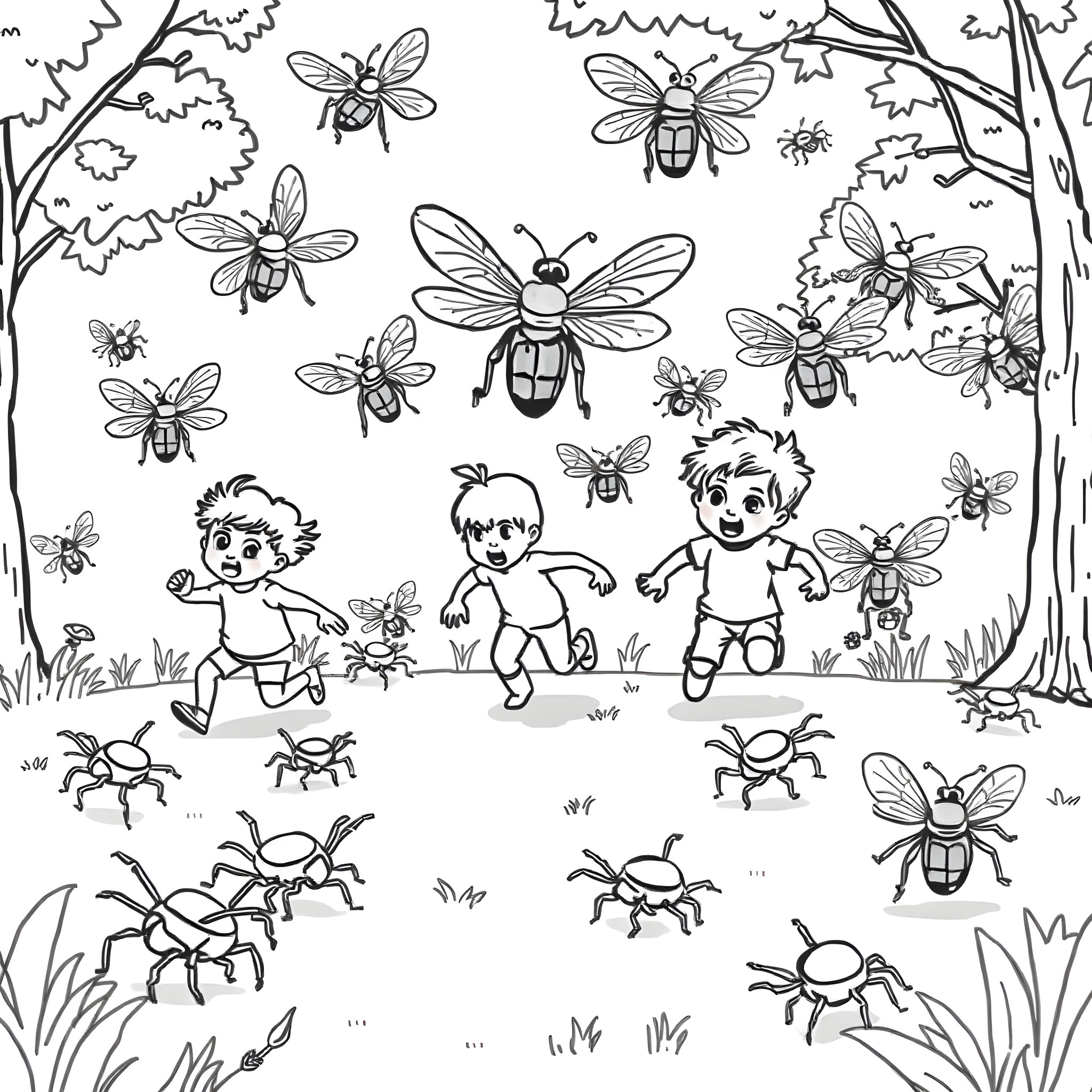 Toddlers playing joyfully in a nature scene with insects Coloring Page (free black-and-white line drawing printable PDF for all, from beginners to advanced learners, including children, teens, adults, and seniors)