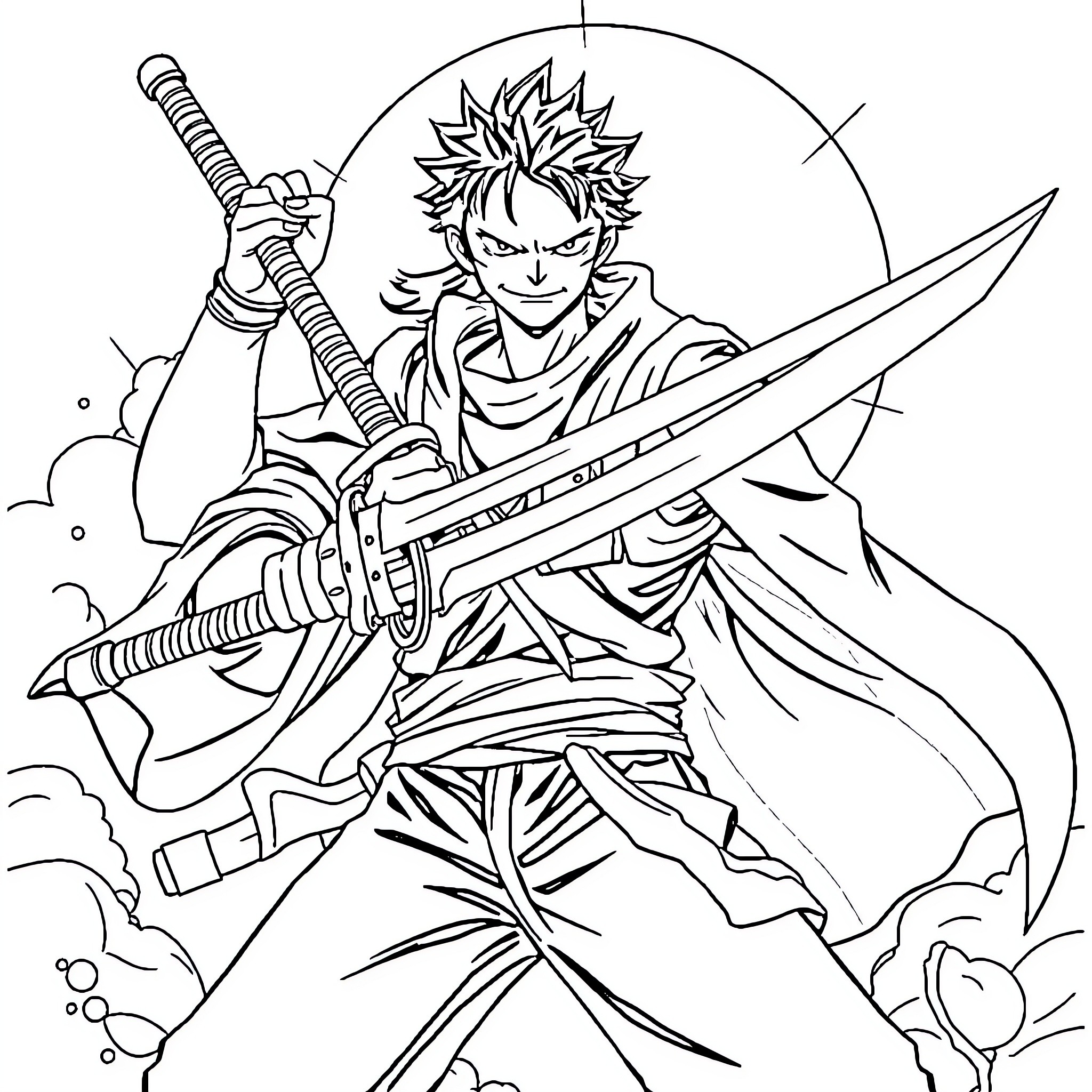 Zoro's Fierce Swordsman Stance in Battle Coloring Page (free black-and-white line drawing printable PDF for all, from beginners to advanced learners, including children, teens, adults, and seniors)