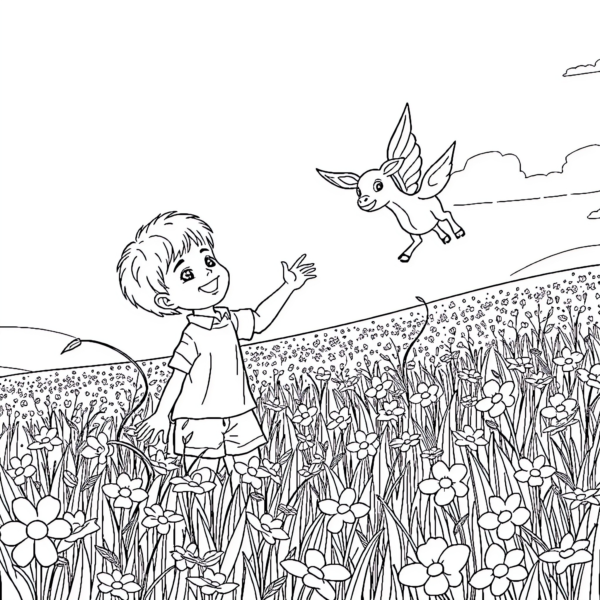 Enfant dans un champ de fleurs avec un animal imaginaire Coloring Page (free black-and-white line drawing printable PDF for all, from beginners to advanced learners, including children, teens, adults, and seniors)