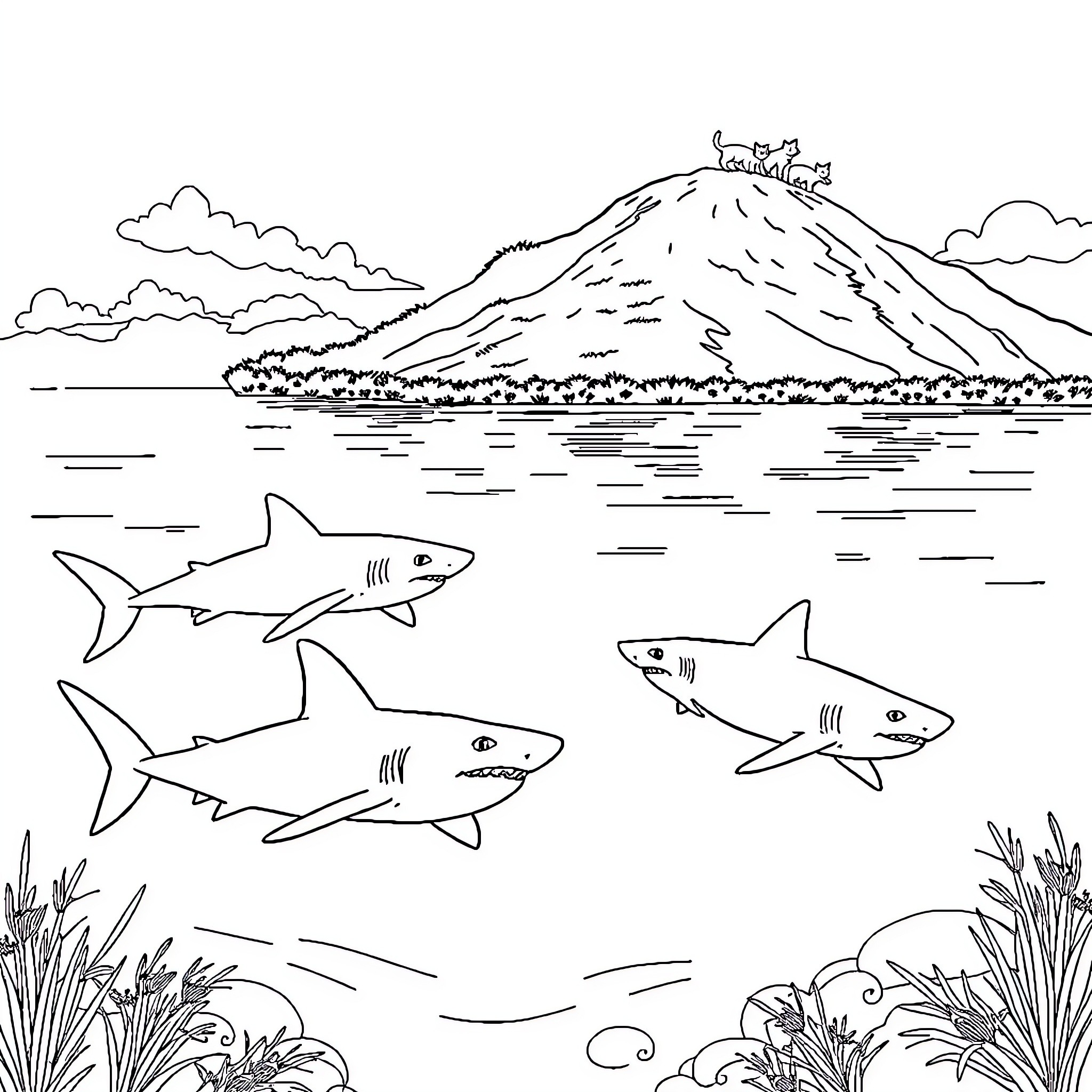 Shark swimming in the ocean near a volcanic island Coloring Page (free black-and-white line drawing printable PDF for all, from beginners to advanced learners, including children, teens, adults, and seniors)