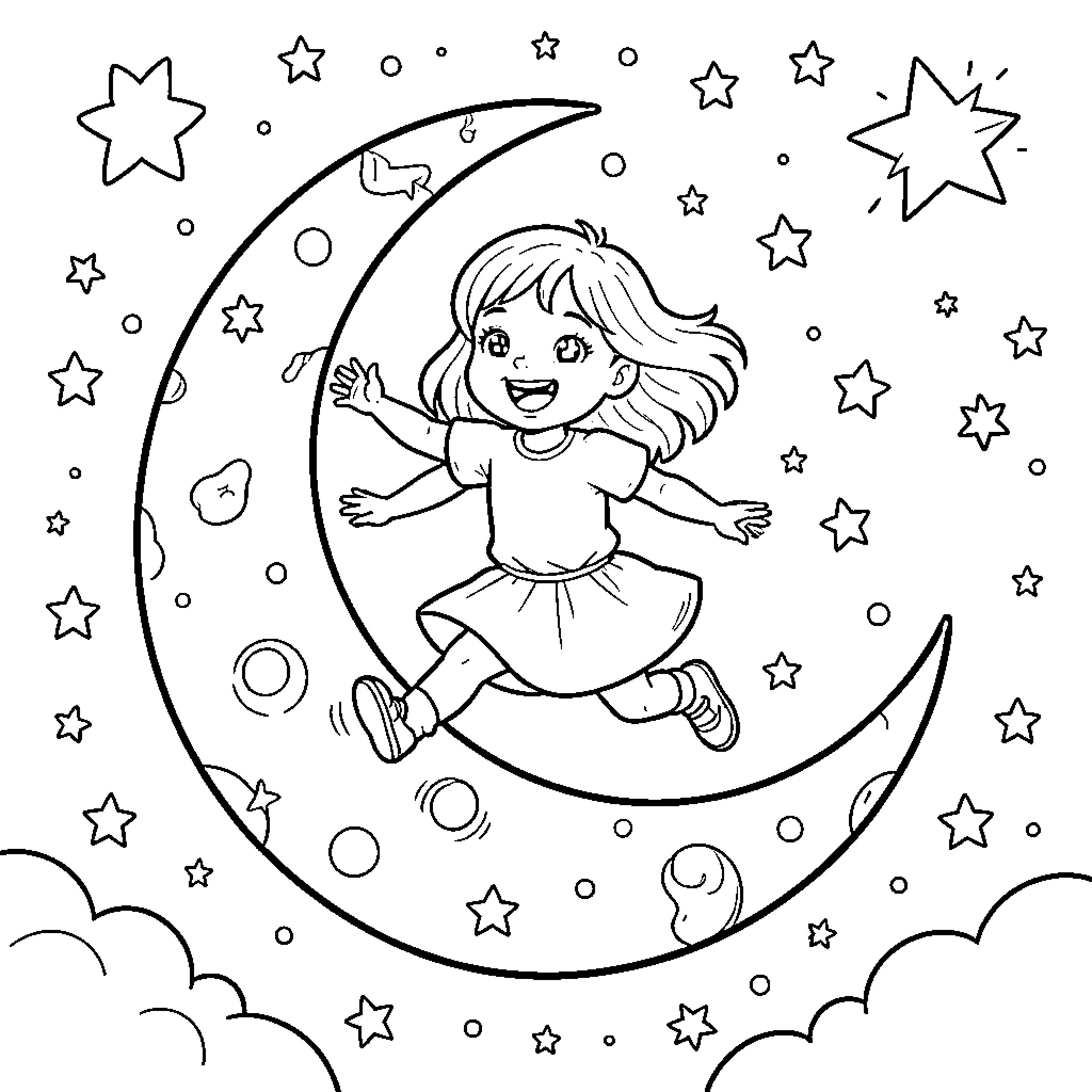 Girl Playing on Crescent Moon with Stars Coloring Page (free black-and-white line drawing printable PDF for all, from beginners to advanced learners, including children, teens, adults, and seniors)