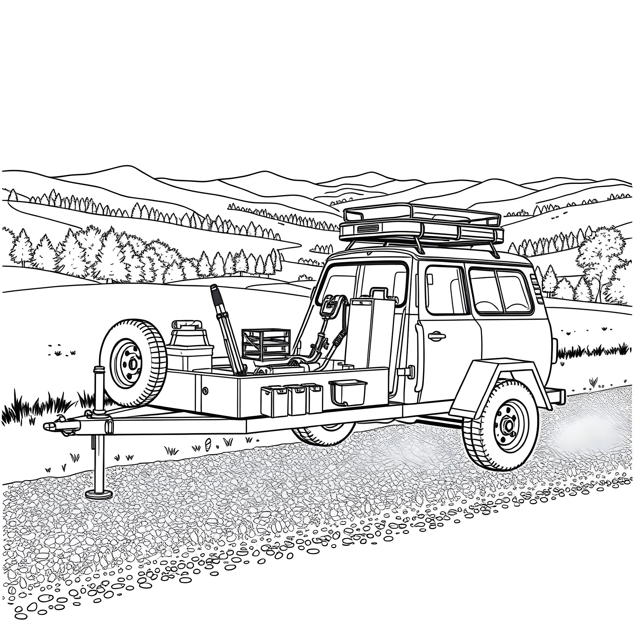 Car Trailer Carrying Camping Gear for Outdoor Adventure Coloring Page (free black-and-white line drawing printable PDF for all, from beginners to advanced learners, including children, teens, adults, and seniors)