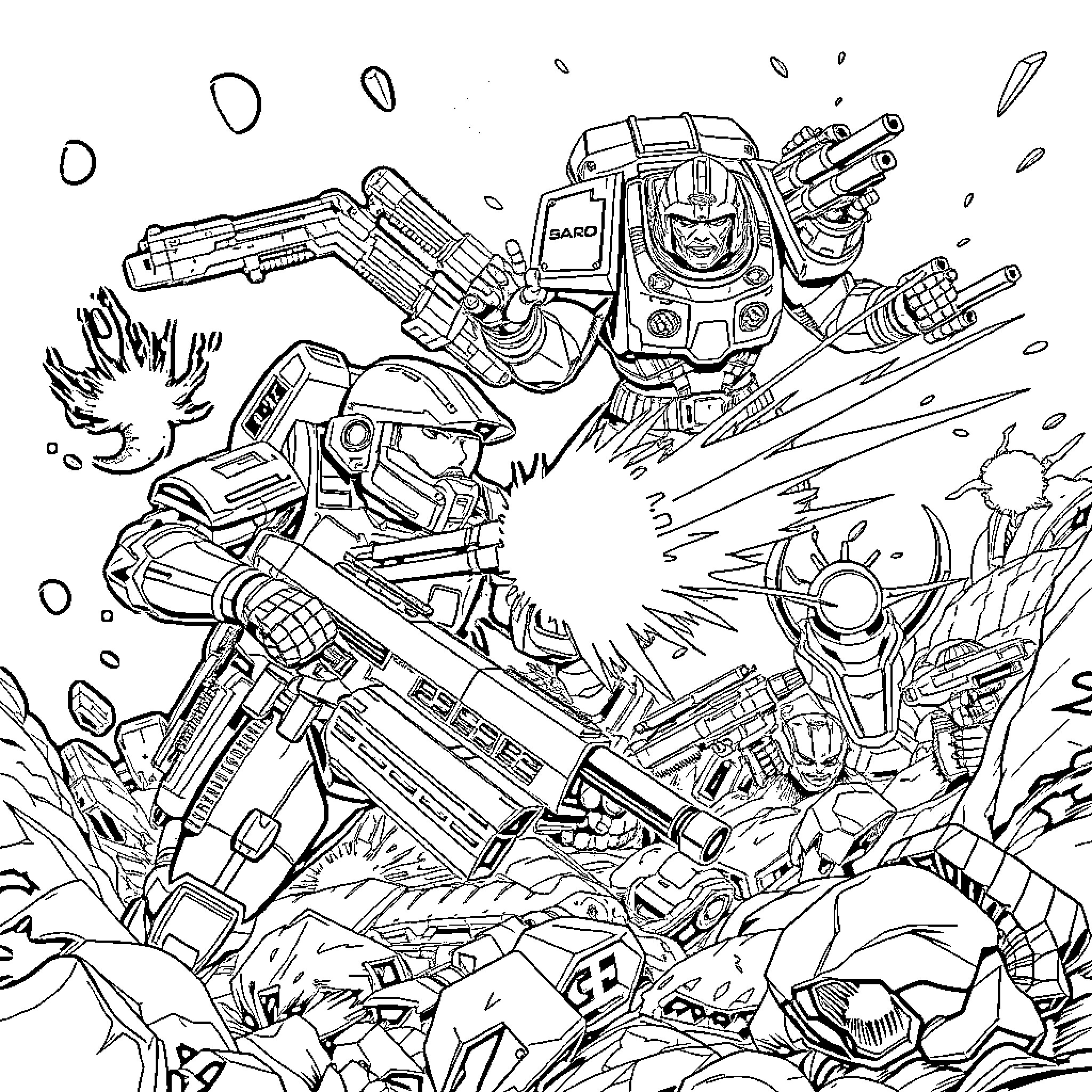 Master Chief Engaging in Futuristic Battle Coloring Page (free black-and-white line drawing printable PDF for all, from beginners to advanced learners, including children, teens, adults, and seniors)