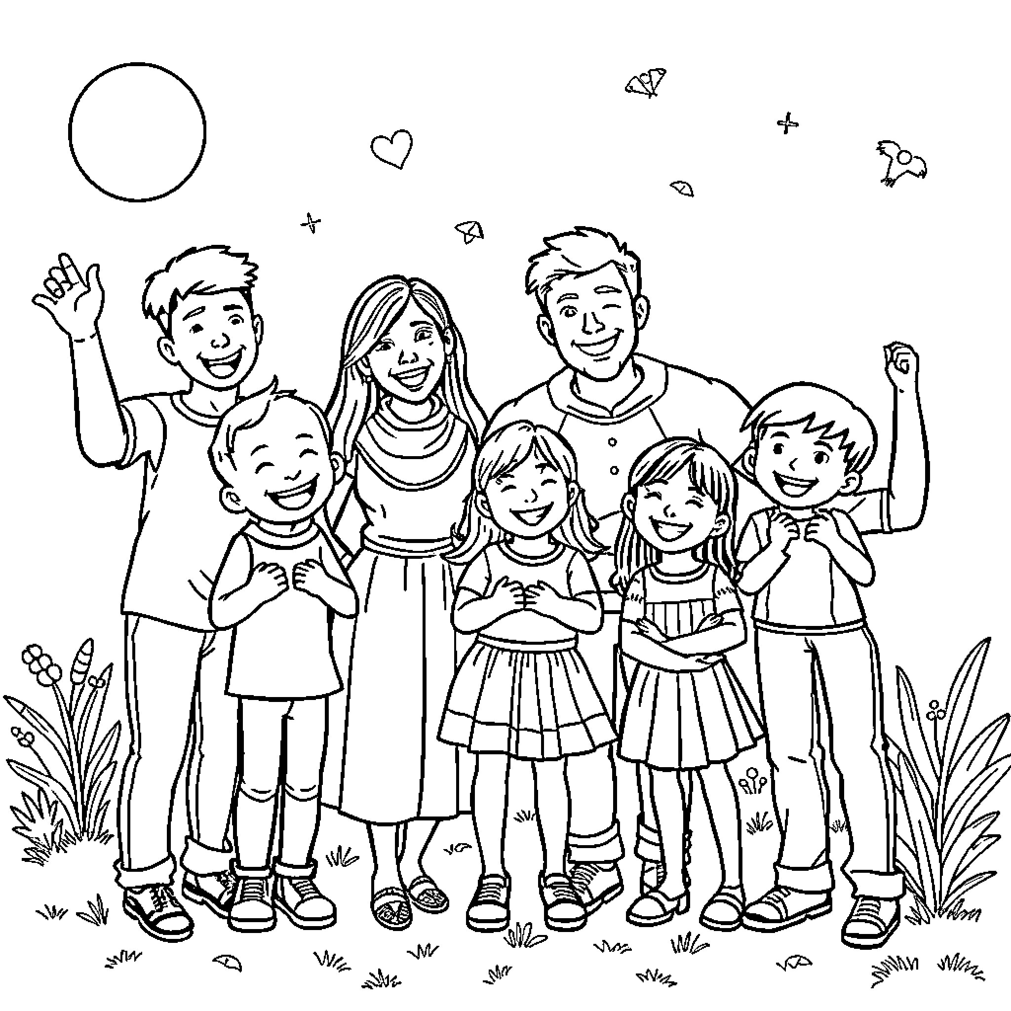 Family Enjoying Outdoor Adventure Together Coloring Page (free black-and-white line drawing printable PDF for all, from beginners to advanced learners, including children, teens, adults, and seniors)