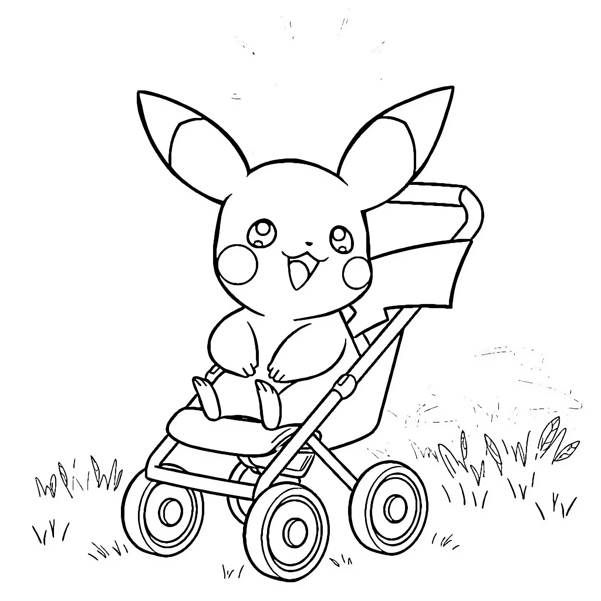 Pikachu riding a stroller in the park Coloring Page (free black-and-white line drawing printable PDF for all, from beginners to advanced learners, including children, teens, adults, and seniors)