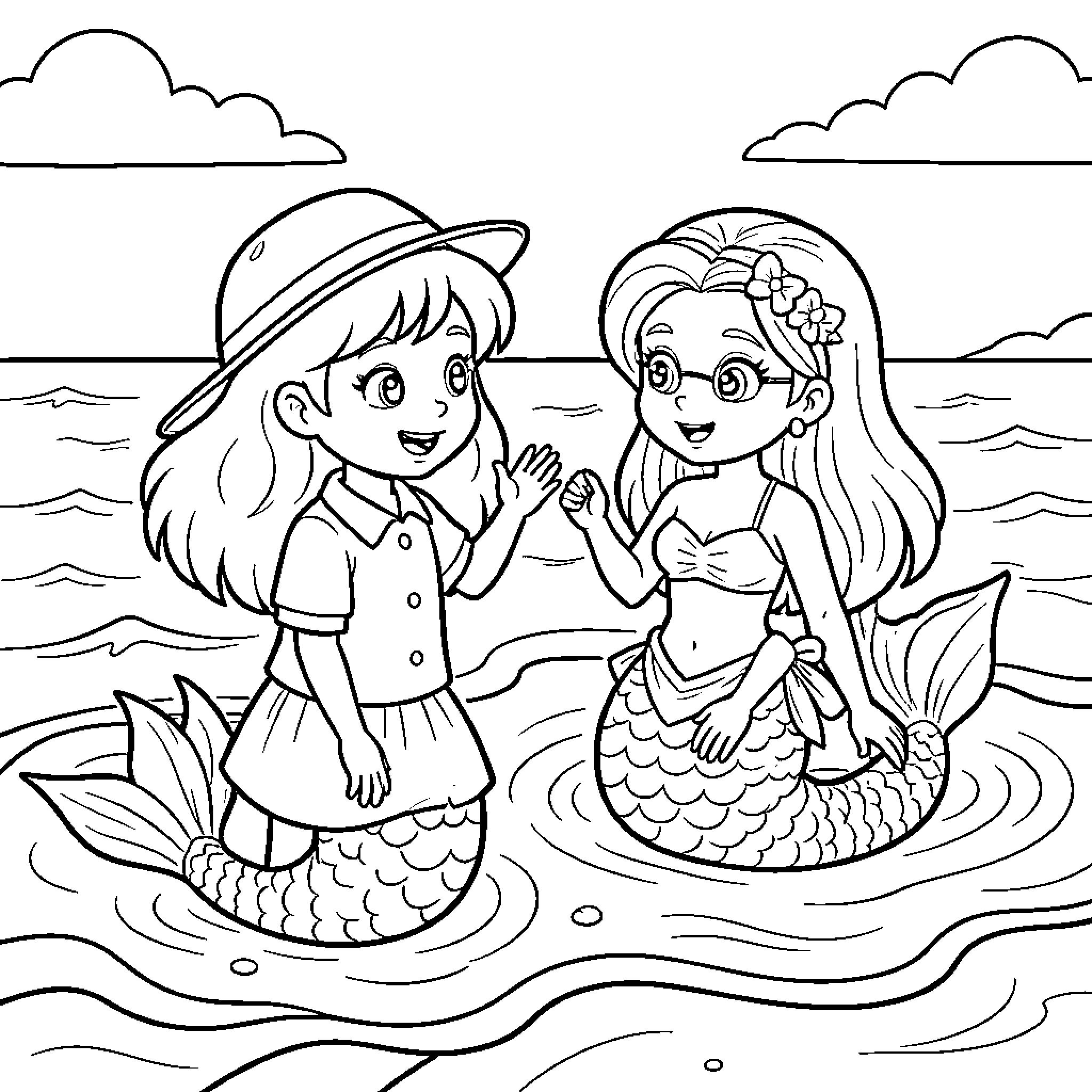 Dora interacting with a mermaid in the ocean Coloring Page (free black-and-white line drawing printable PDF for all, from beginners to advanced learners, including children, teens, adults, and seniors)