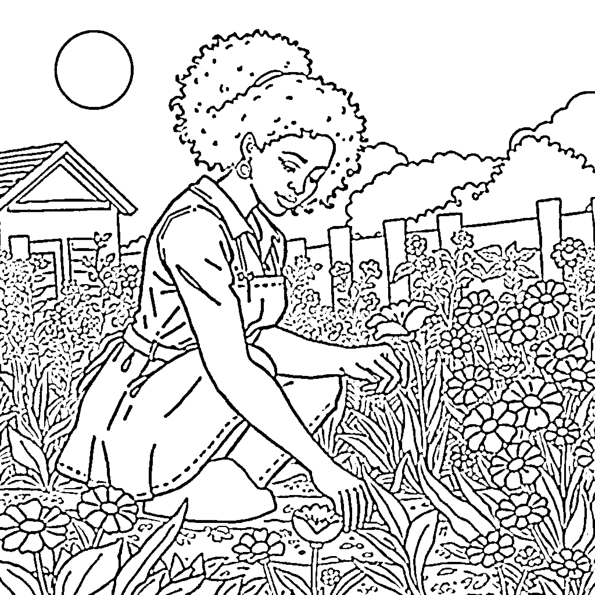 Woman walking in a beautiful garden Coloring Page (free black-and-white line drawing printable PDF for all, from beginners to advanced learners, including children, teens, adults, and seniors)