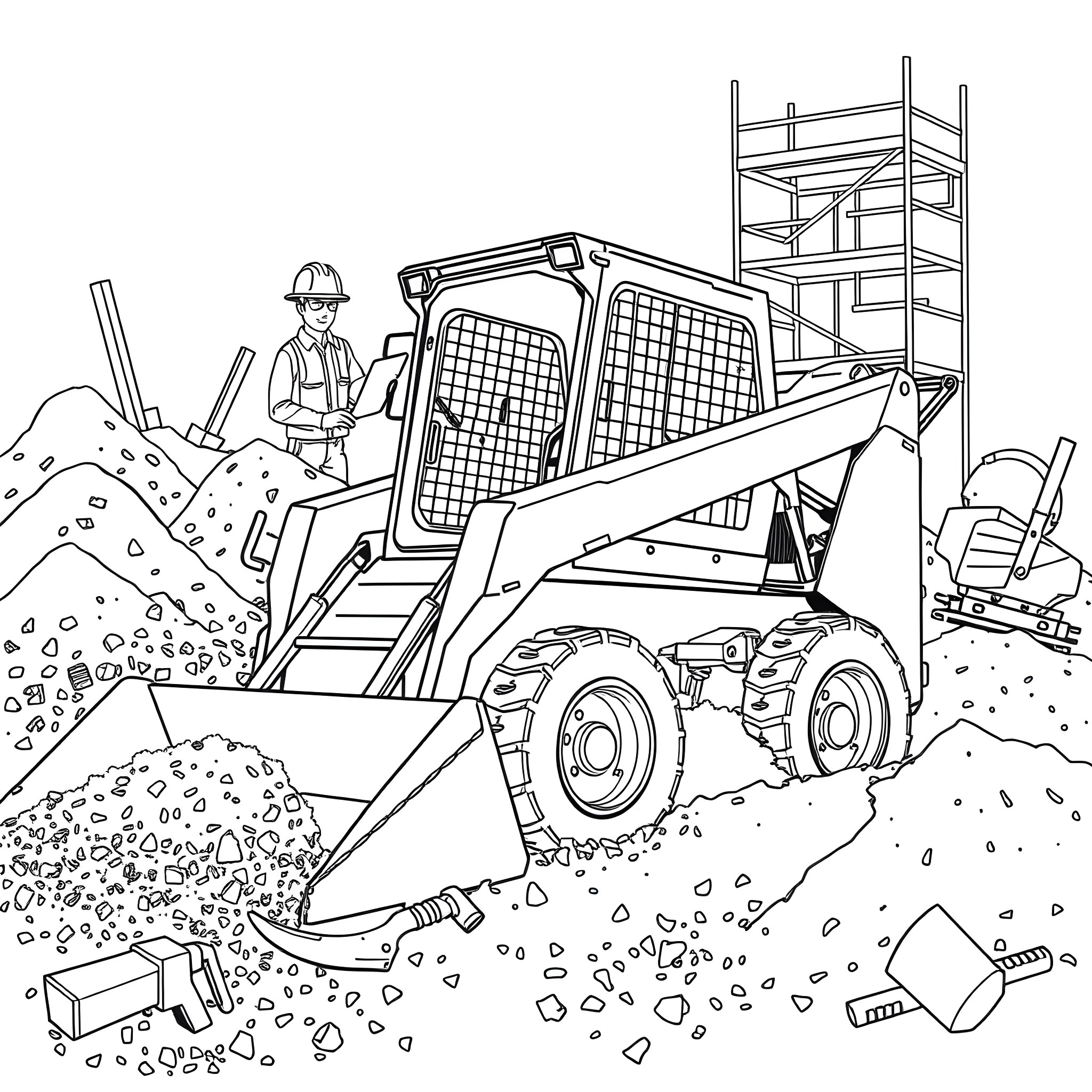 Skid Steer Loader Operator Working at Construction Site Coloring Page (free black-and-white line drawing printable PDF for all, from beginners to advanced learners, including children, teens, adults, and seniors)