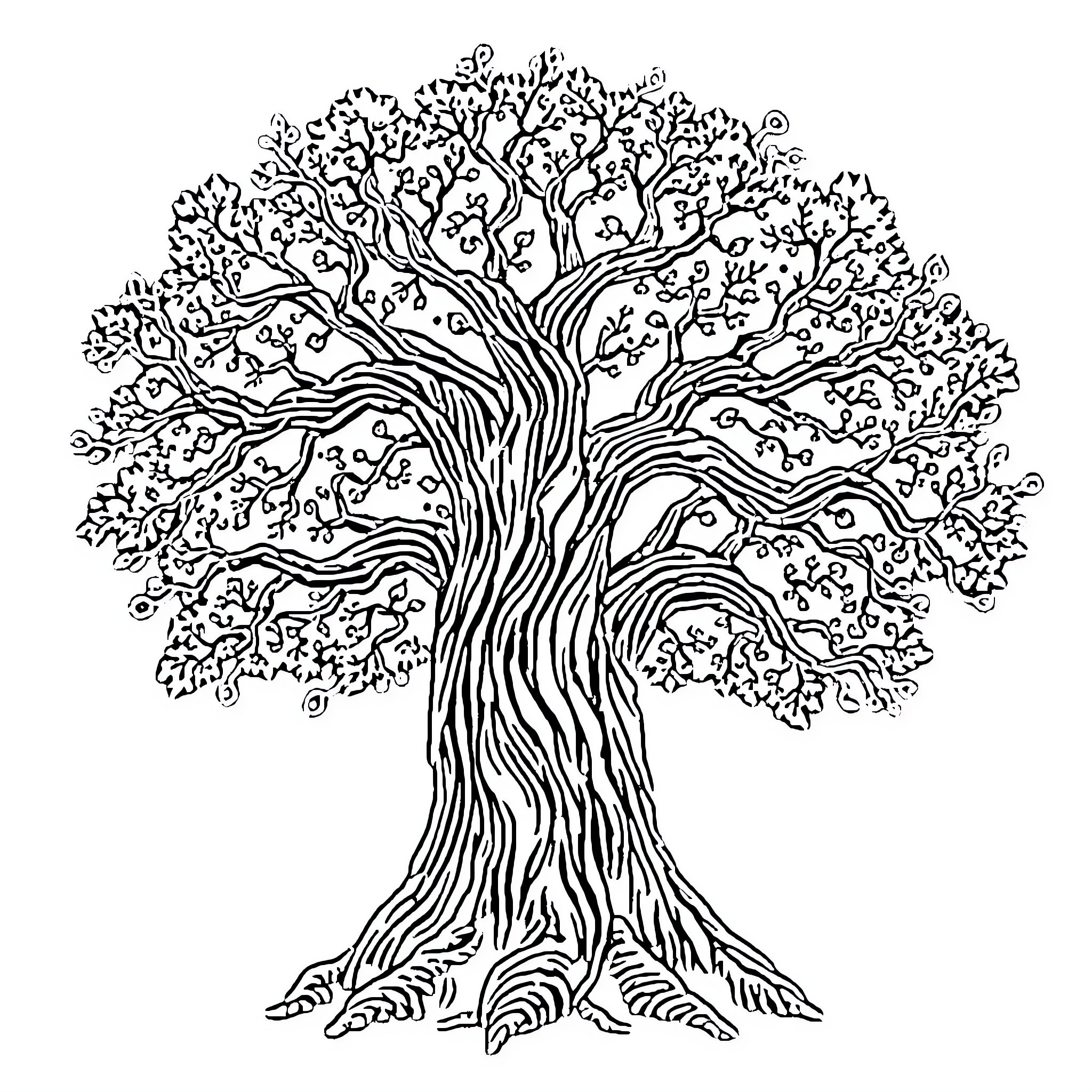 Tree of life with intricate branches and foliage Coloring Page (free black-and-white line drawing printable PDF for all, from beginners to advanced learners, including children, teens, adults, and seniors)
