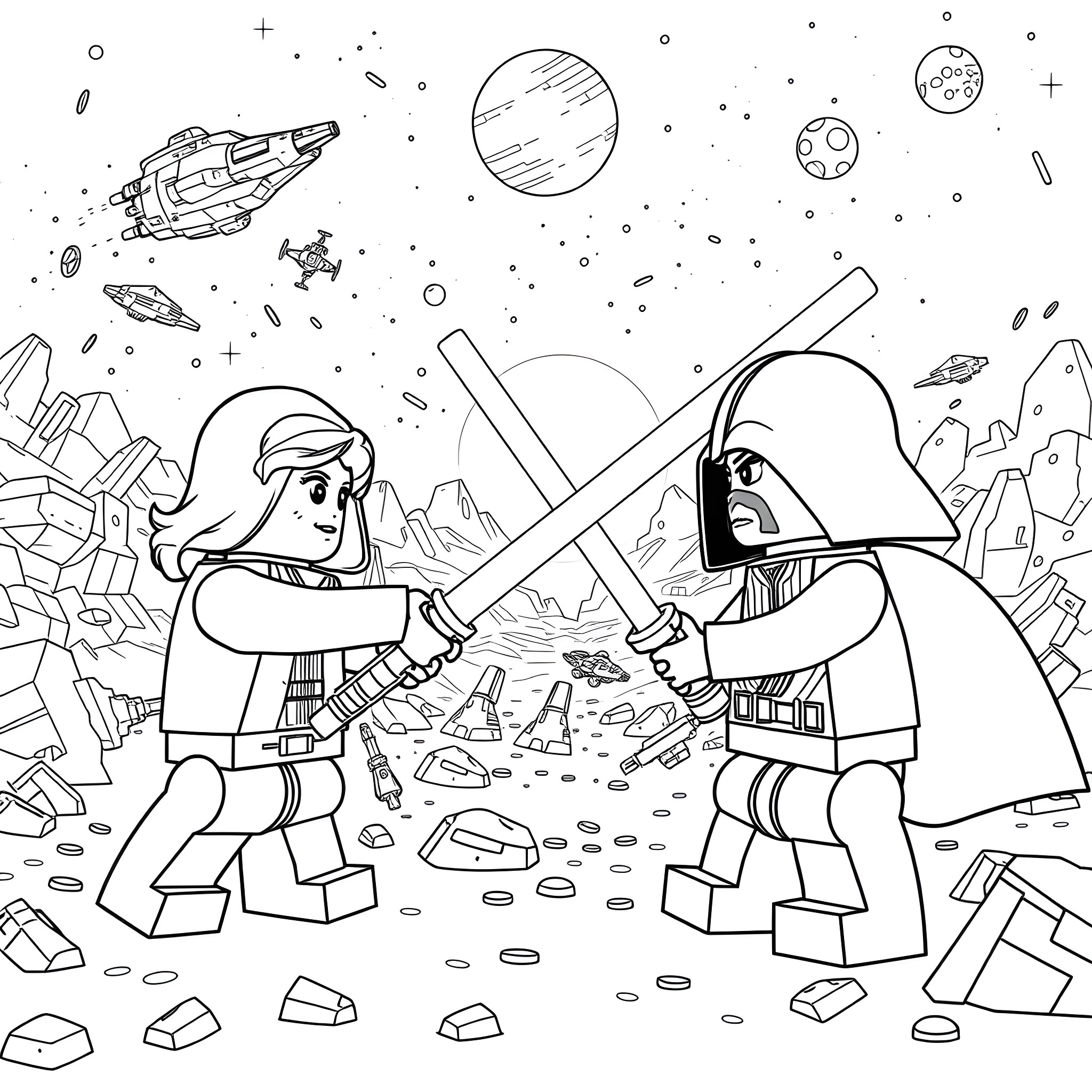 Lego Star Wars Jedi Duel in Outer Space Coloring Page (free black-and-white line drawing printable PDF for all, from beginners to advanced learners, including children, teens, adults, and seniors)