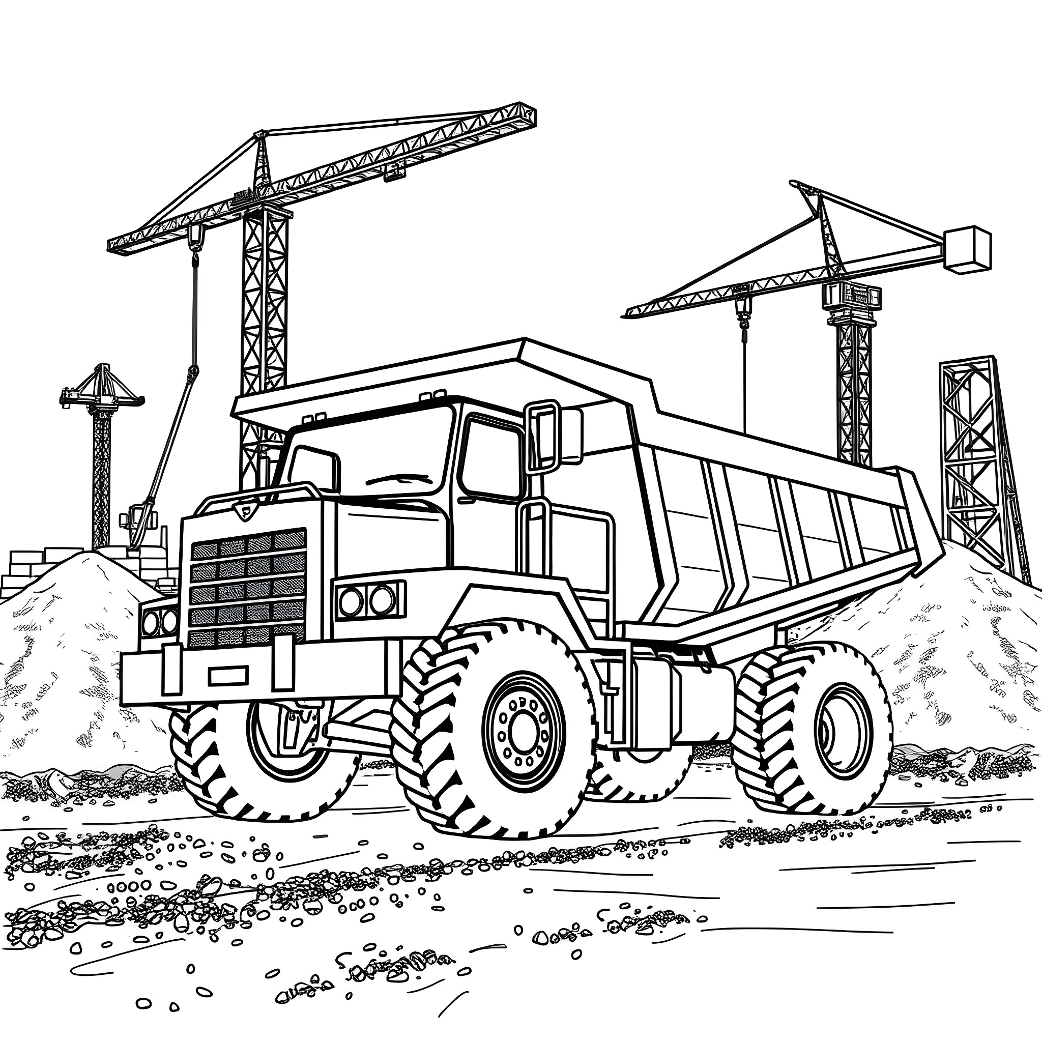 Dumper truck at construction site with cranes Coloring Page (free black-and-white line drawing printable PDF for all, from beginners to advanced learners, including children, teens, adults, and seniors)