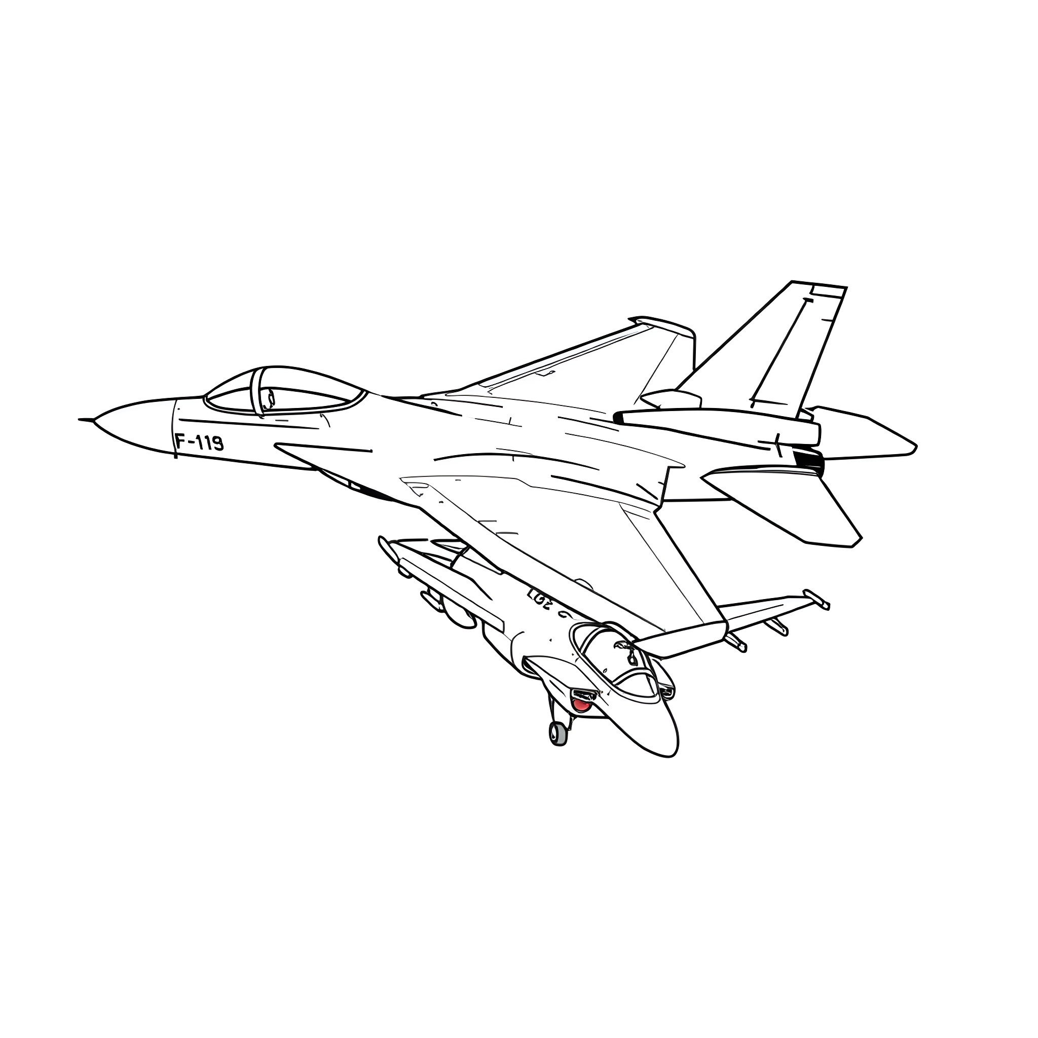 Fighter Jet in Flight Coloring Page (free black-and-white line drawing printable PDF for all, from beginners to advanced learners, including children, teens, adults, and seniors)