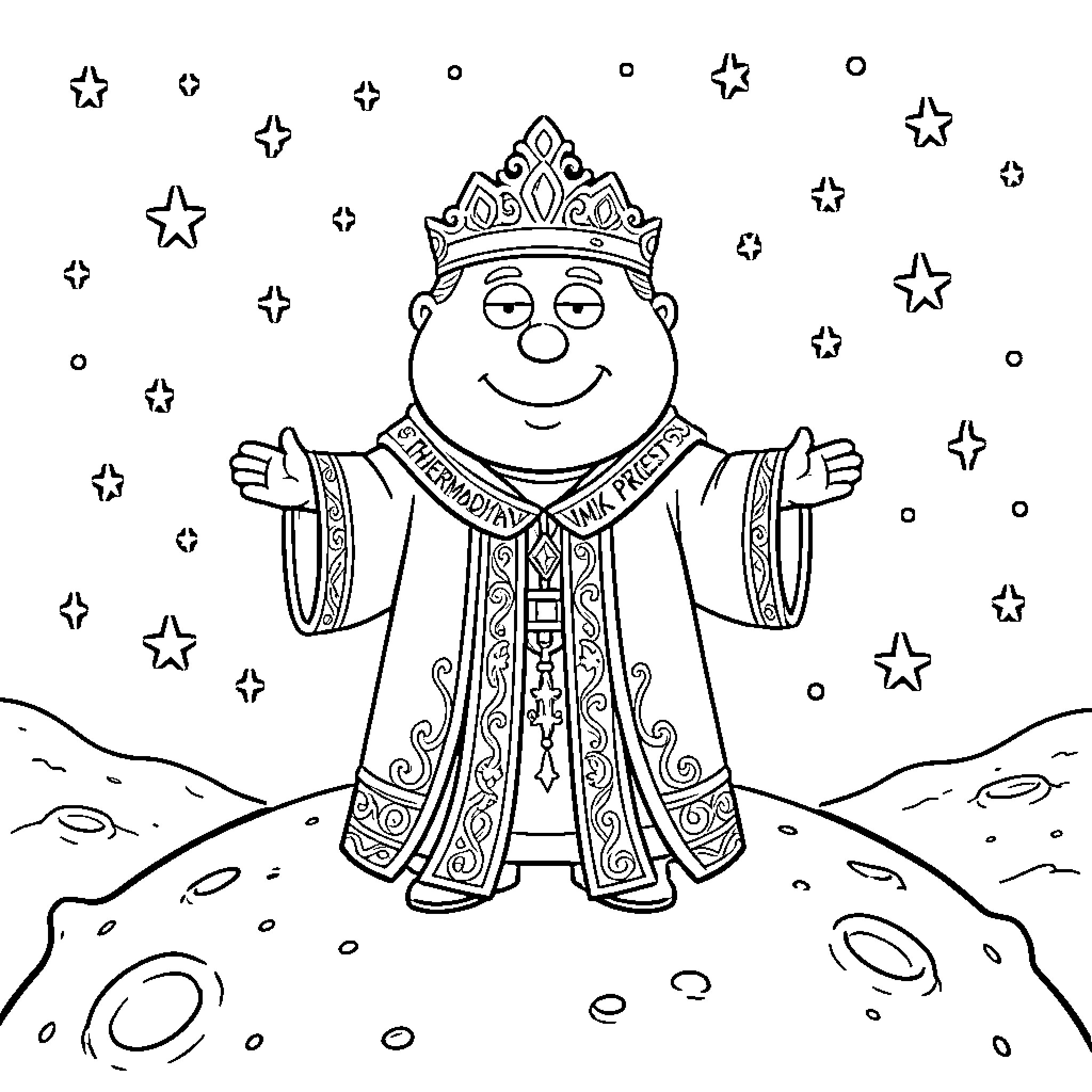 Eric Cartman dressed as a medieval king with a crown Coloring Page (free black-and-white line drawing printable PDF for all, from beginners to advanced learners, including children, teens, adults, and seniors)