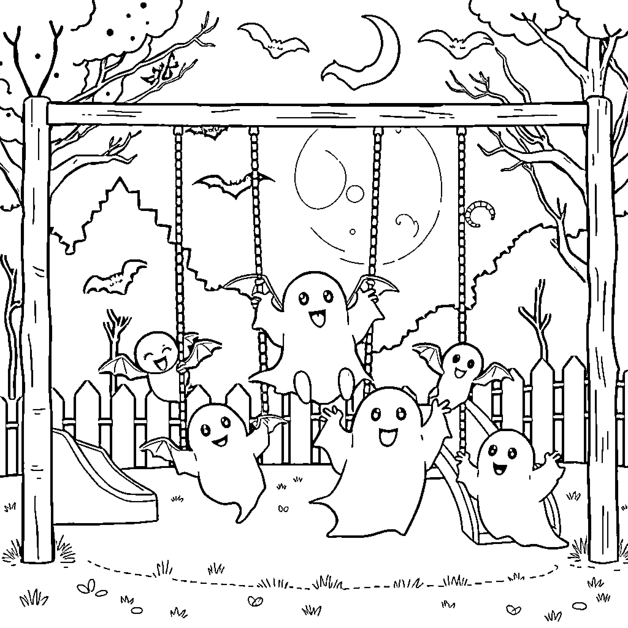 Ghost children playing on swings in the moonlit park Coloring Page (free black-and-white line drawing printable PDF for all, from beginners to advanced learners, including children, teens, adults, and seniors)