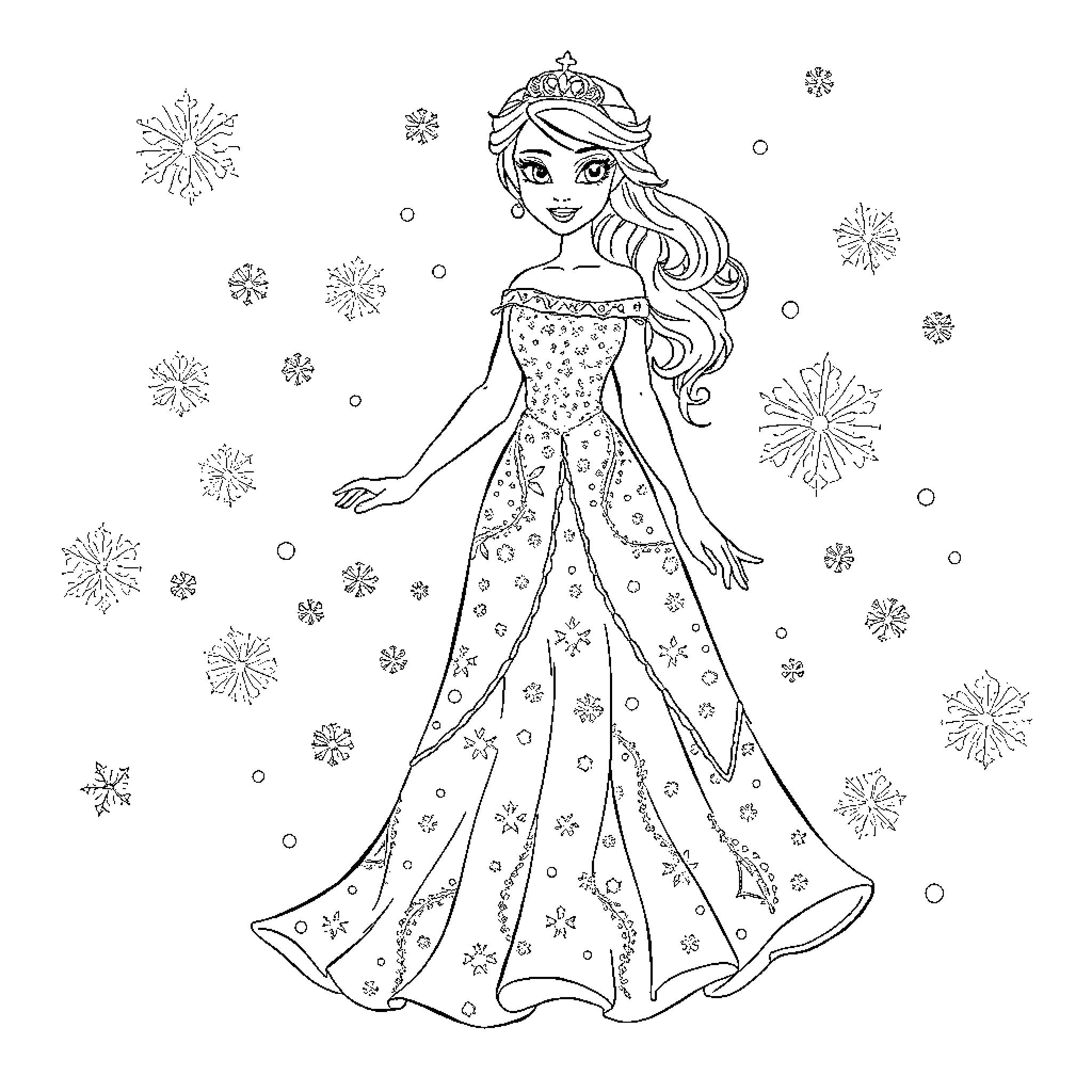 Snow Princess in Sparkling Winter Wonderland Coloring Page (free black-and-white line drawing printable PDF for all, from beginners to advanced learners, including children, teens, adults, and seniors)