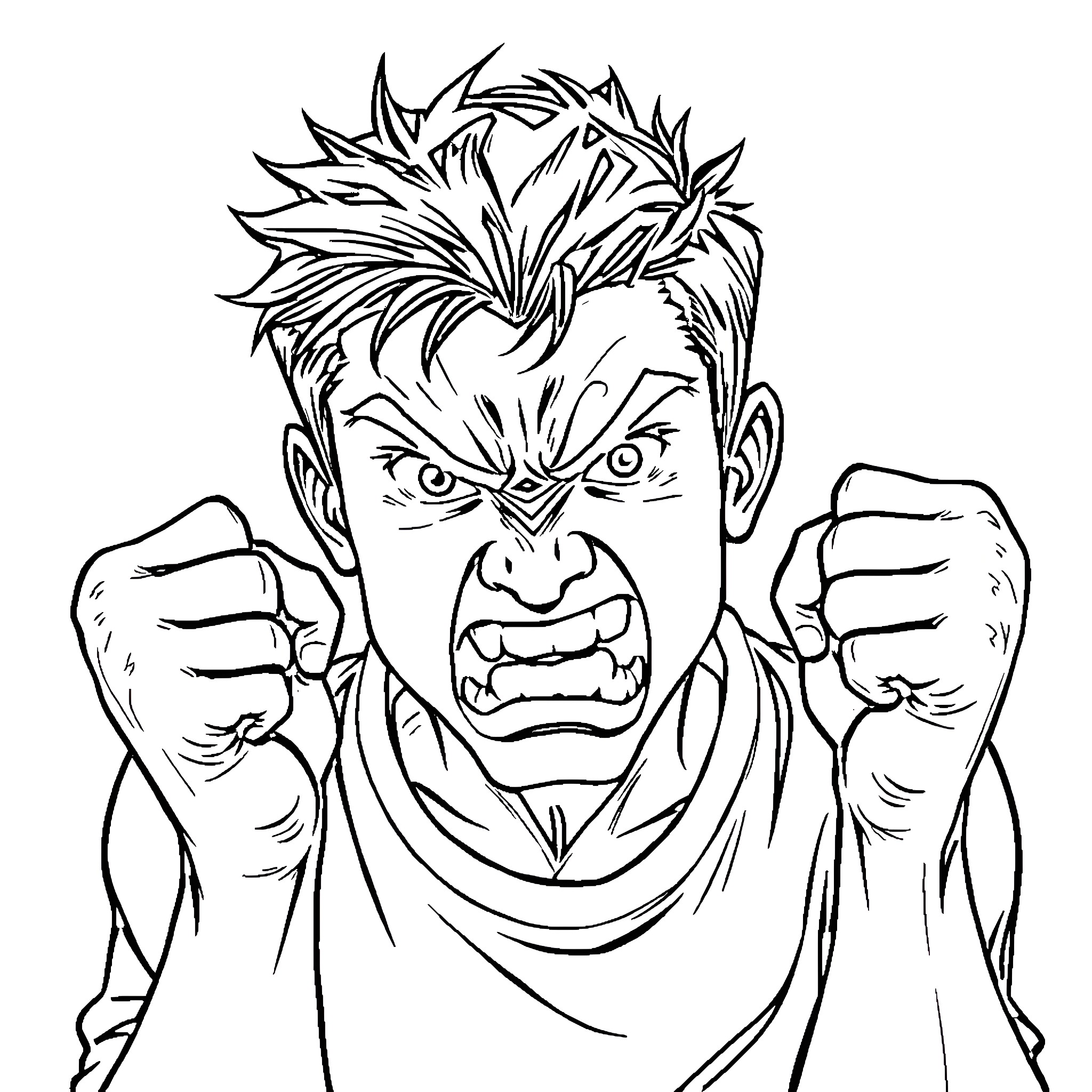 Young Adult Angry Anime Character Fists Clenched Coloring Page (free black-and-white line drawing printable PDF for all, from beginners to advanced learners, including children, teens, adults, and seniors)
