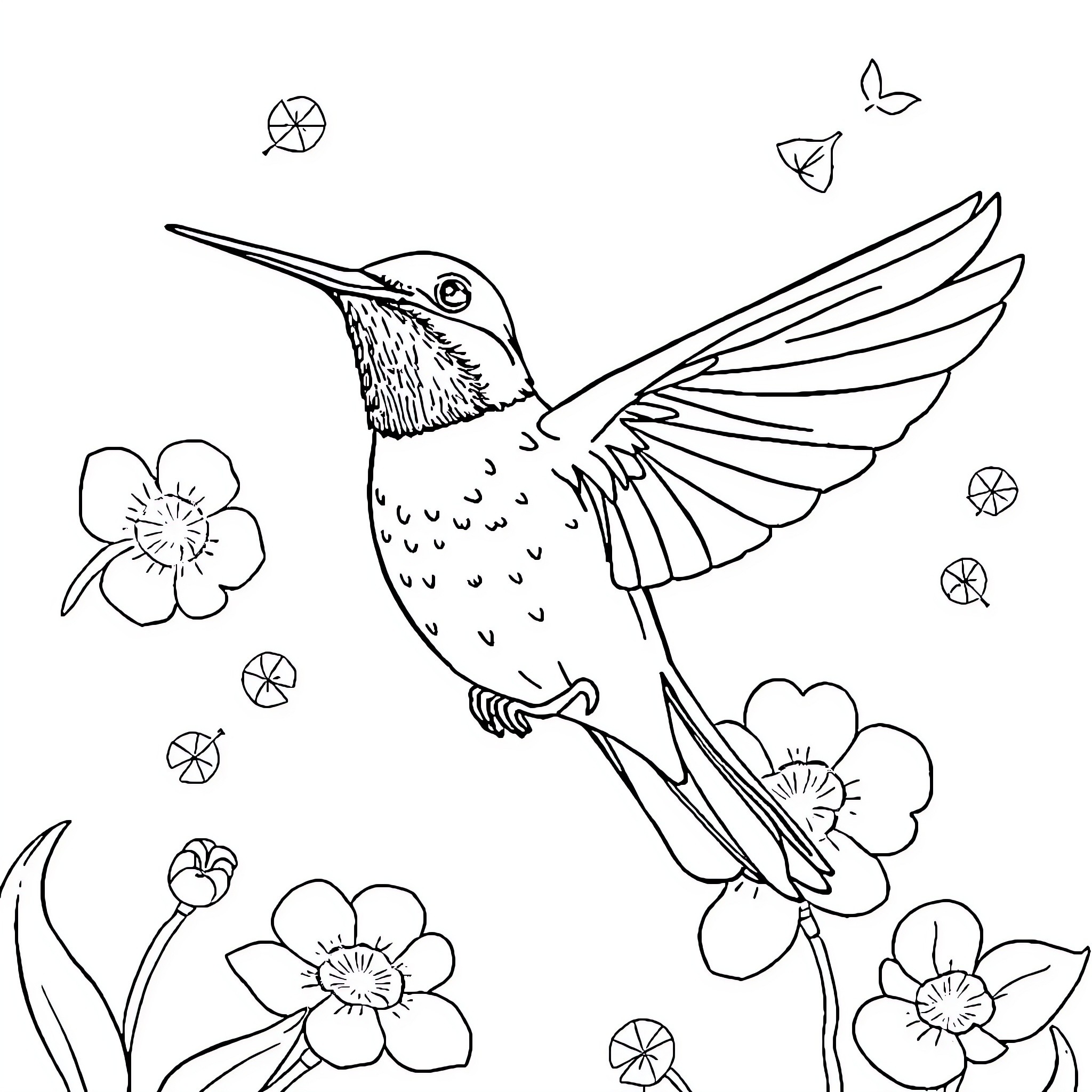 Colibri hovering amid vibrant flowers Coloring Page (free black-and-white line drawing printable PDF for all, from beginners to advanced learners, including children, teens, adults, and seniors)