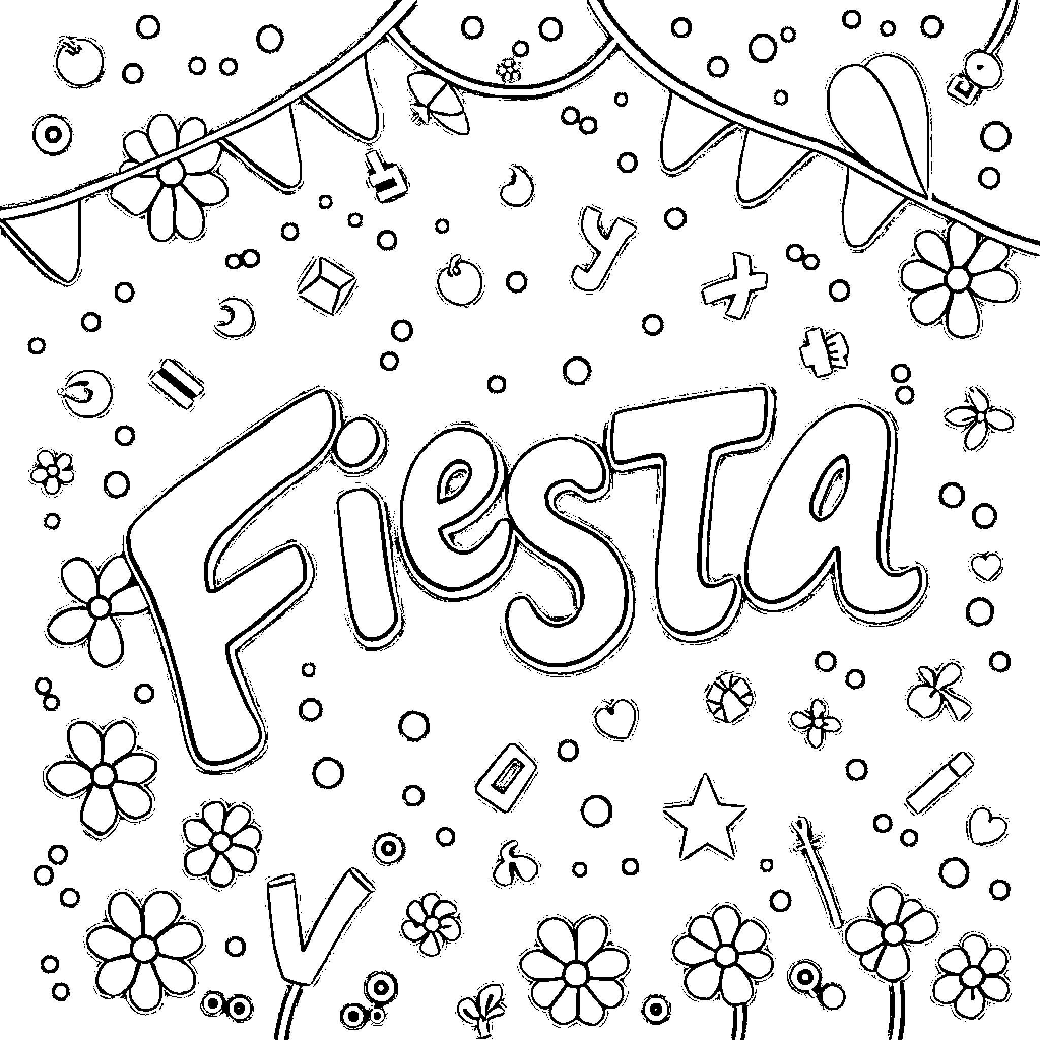 Letter and Number Fiesta with Playful Symbols Coloring Page (free black-and-white line drawing printable PDF for all, from beginners to advanced learners, including children, teens, adults, and seniors)