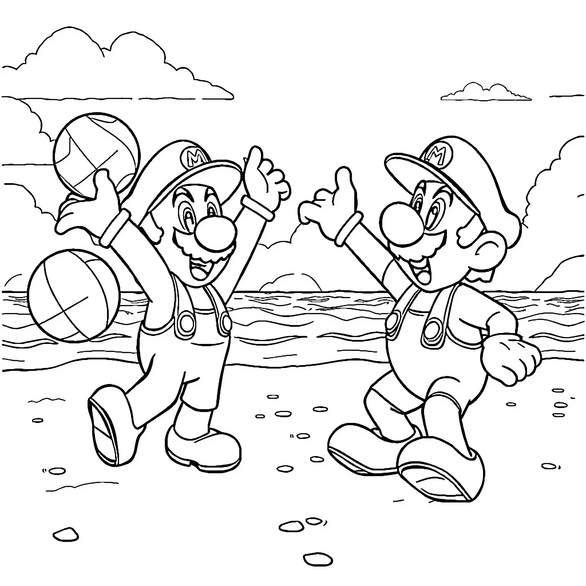 Mario Brothers Celebrating Together on the Beach Coloring Page (free black-and-white line drawing printable PDF for all, from beginners to advanced learners, including children, teens, adults, and seniors)