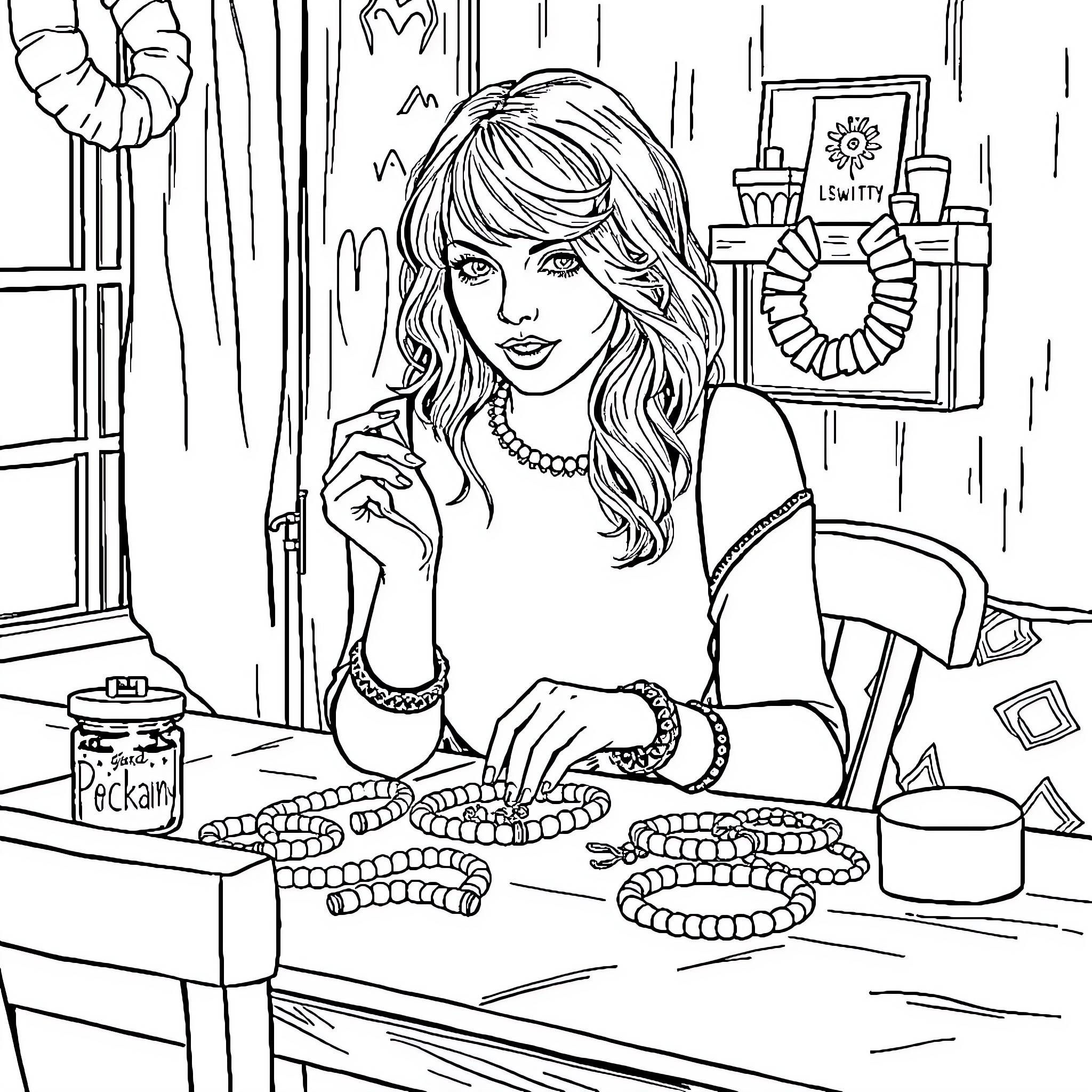 Taylor Swift designing jewelry with a smile Coloring Page (free black-and-white line drawing printable PDF for all, from beginners to advanced learners, including children, teens, adults, and seniors)