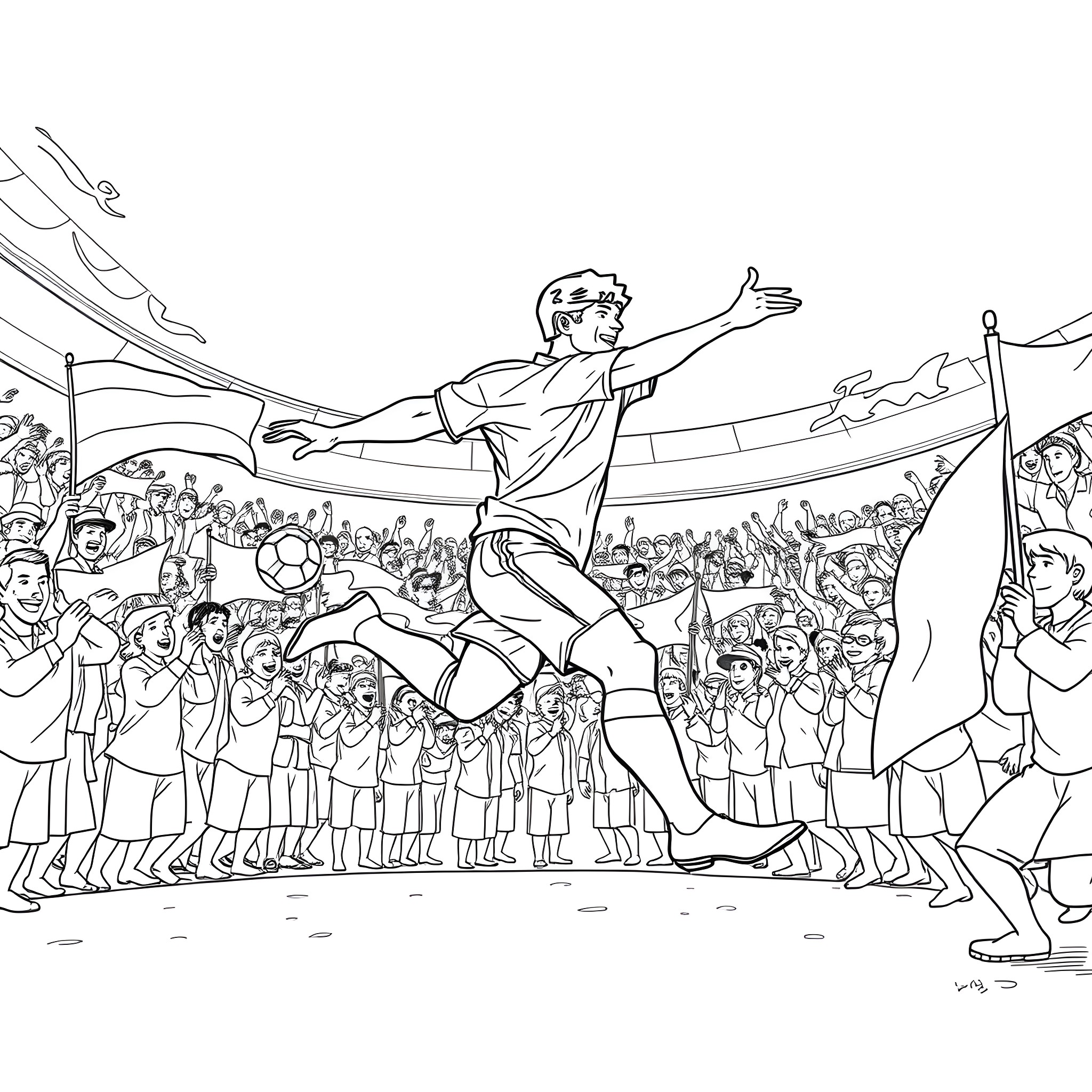 Footballer celebrating victory in front of enthusiastic crowd Coloring Page (free black-and-white line drawing printable PDF for all, from beginners to advanced learners, including children, teens, adults, and seniors)