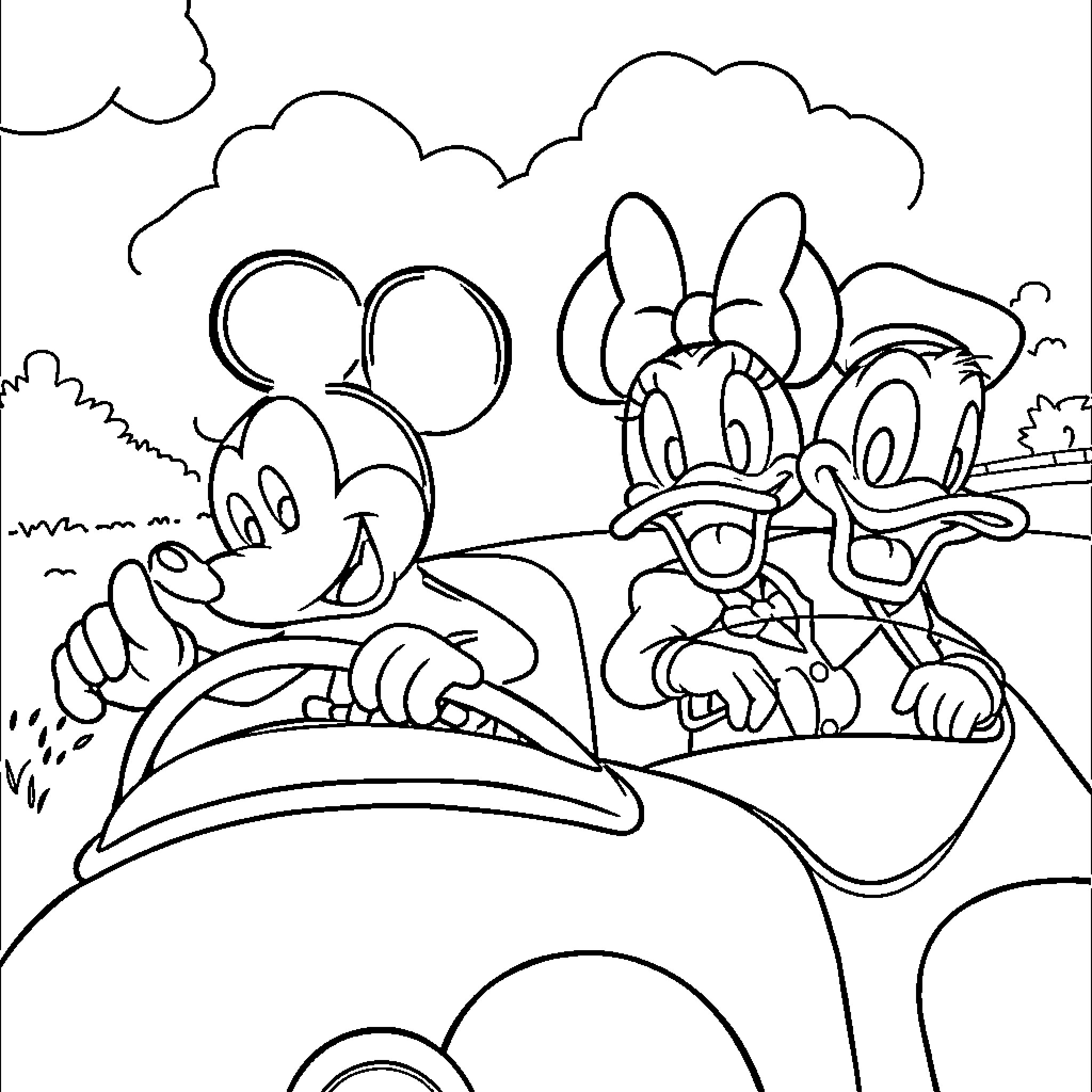 Mickey Mouse and friends enjoying a road trip adventure Coloring Page (free black-and-white line drawing printable PDF for all, from beginners to advanced learners, including children, teens, adults, and seniors)
