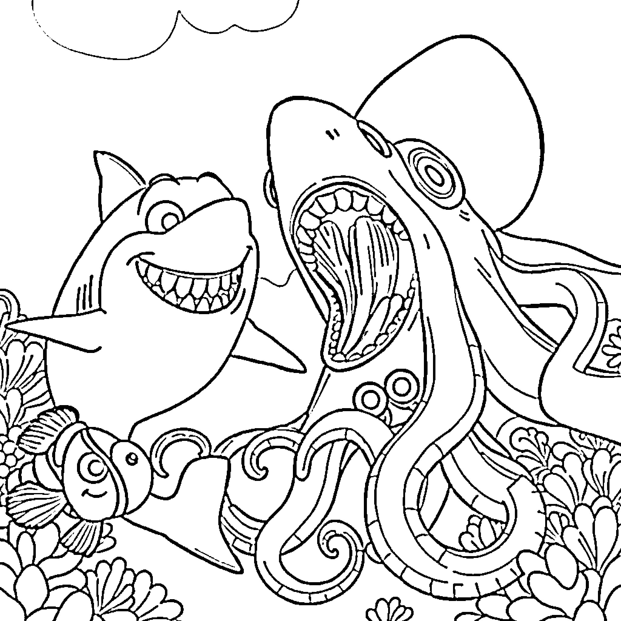 Shark chasing playful underwater creatures Coloring Page (free black-and-white line drawing printable PDF for all, from beginners to advanced learners, including children, teens, adults, and seniors)