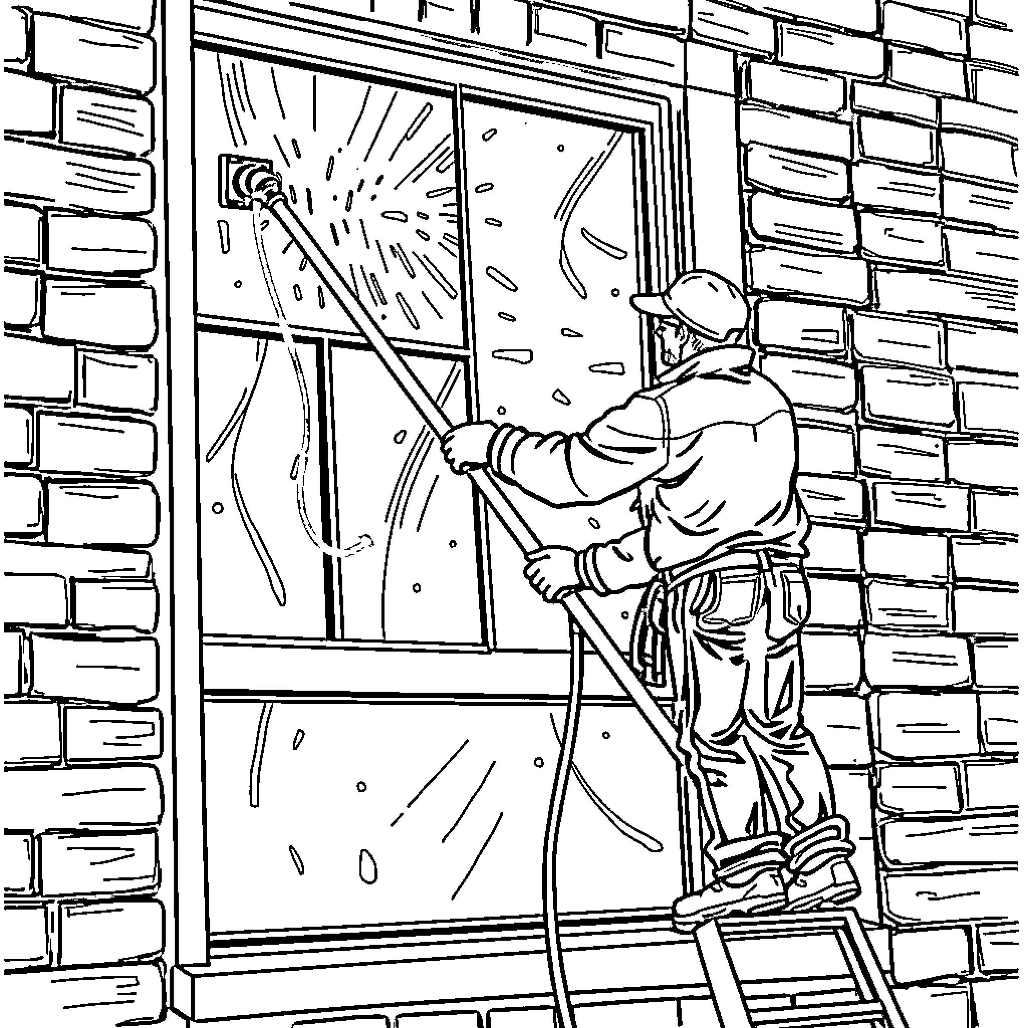 Window Cleaner Scaling Building with Ladder Coloring Page (free black-and-white line drawing printable PDF for all, from beginners to advanced learners, including children, teens, adults, and seniors)
