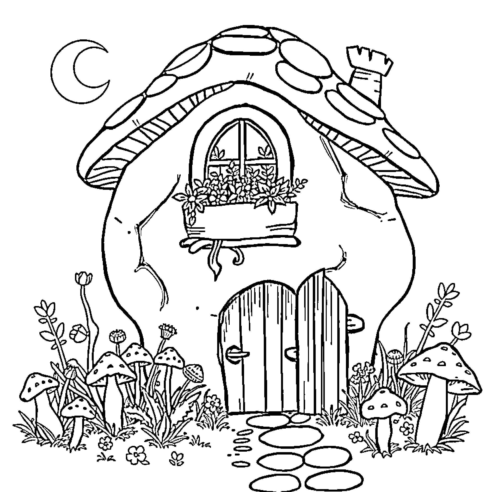 Mushroom house with enchanting garden Coloring Page (free black-and-white line drawing printable PDF for all, from beginners to advanced learners, including children, teens, adults, and seniors)