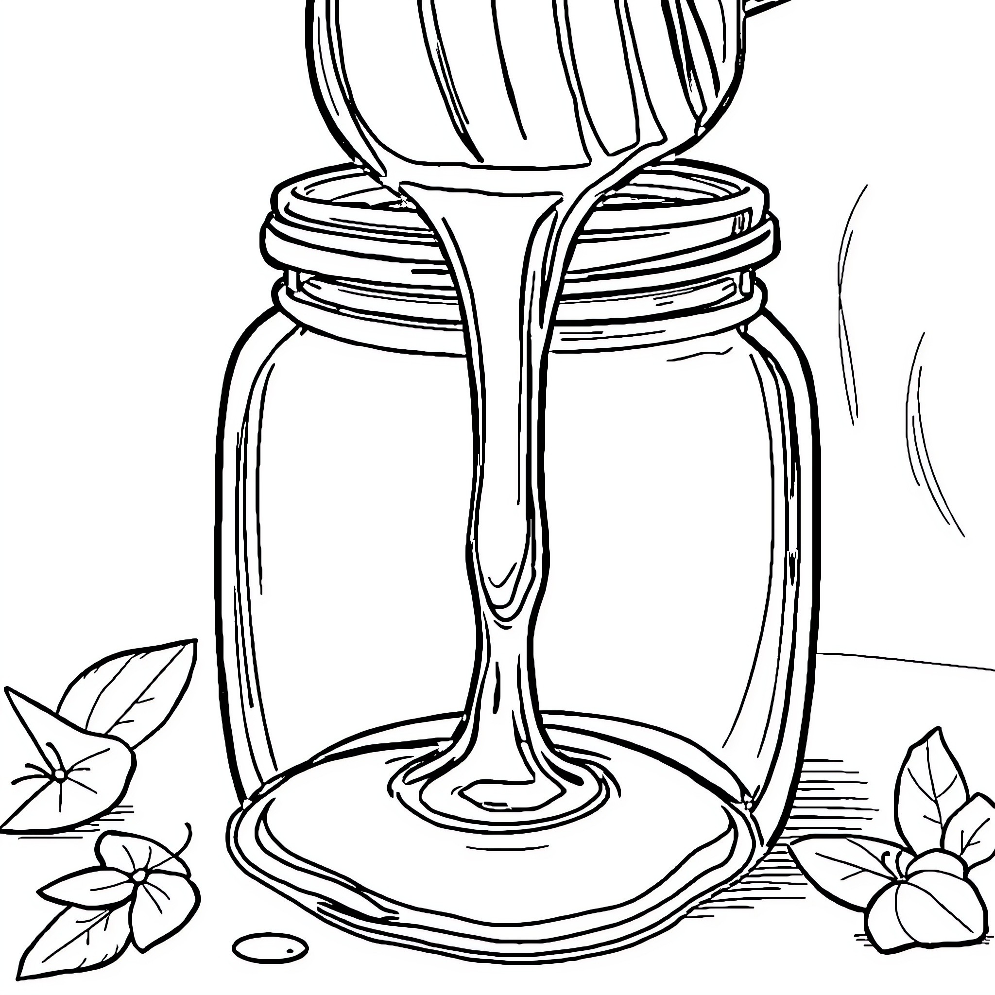 Sticky Hands Pouring Honey from Jar Coloring Page (free black-and-white line drawing printable PDF for all, from beginners to advanced learners, including children, teens, adults, and seniors)